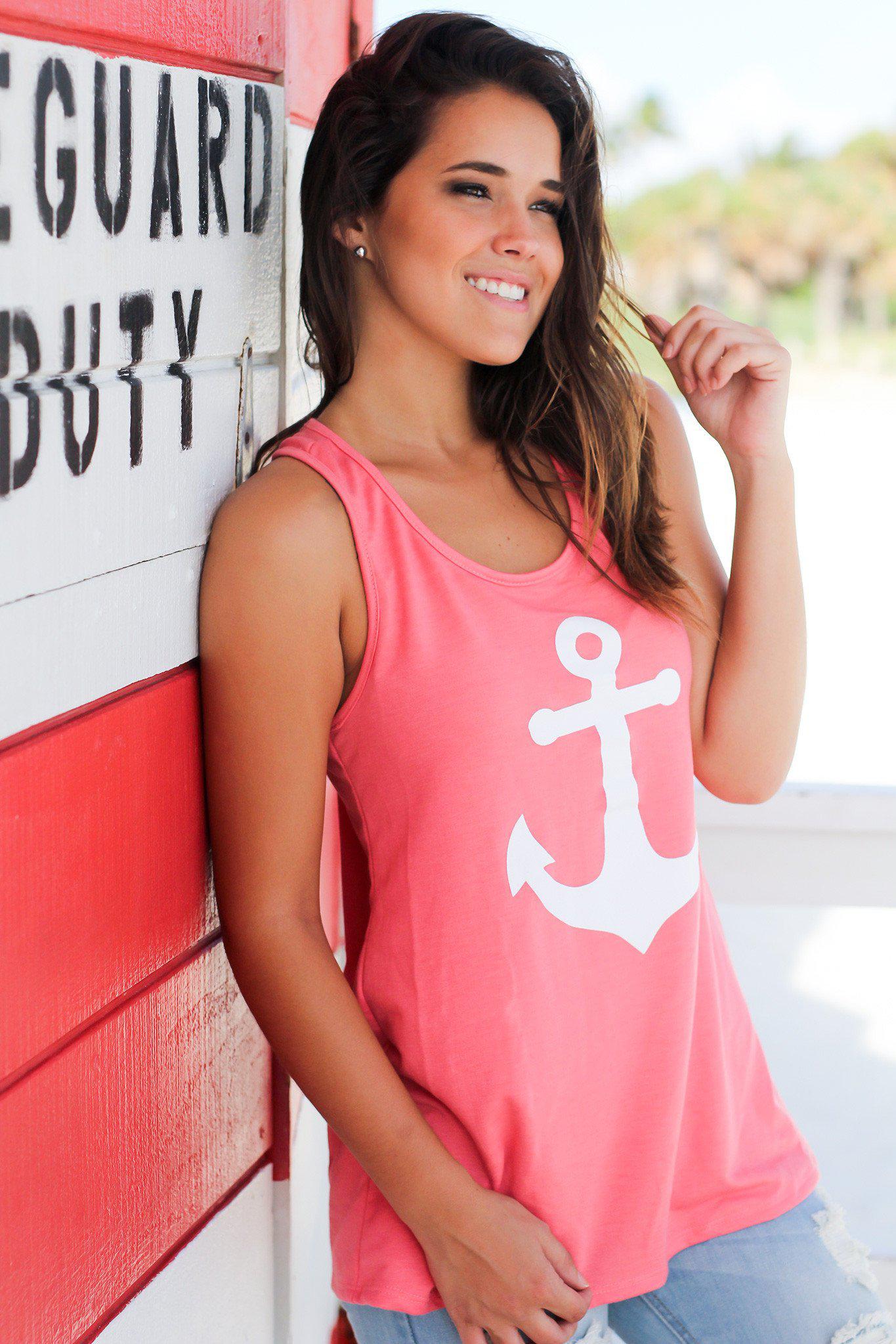 Stylish Coral Racerback Anchor Women's Tank Top for Spring and Summer