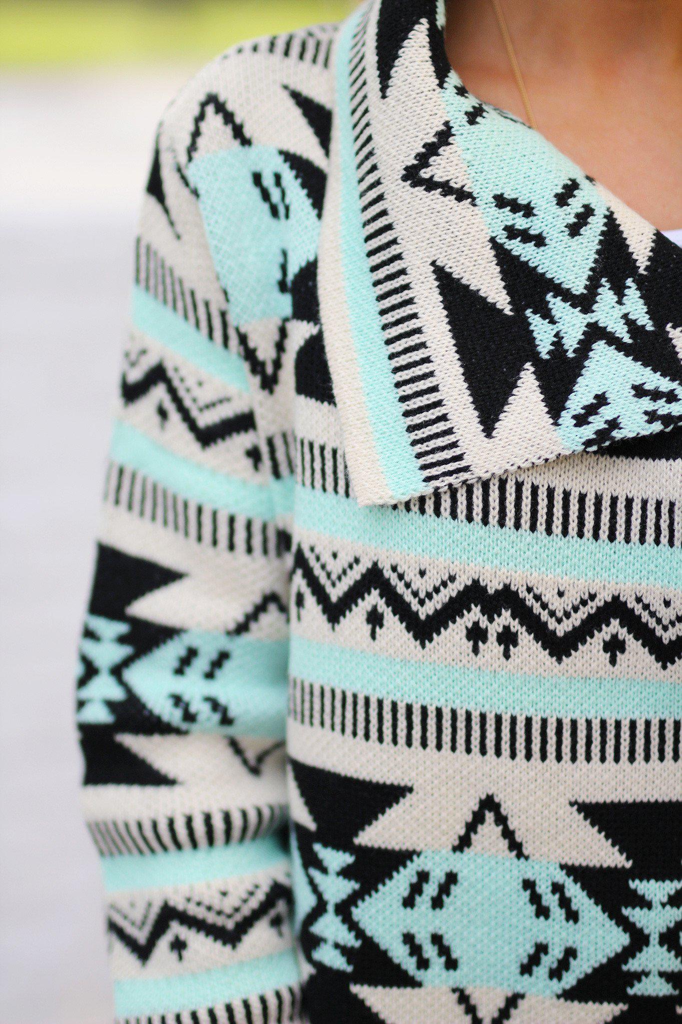 Stylish Mint Acrylic Aztec Print Cardigan for Fall/Winter