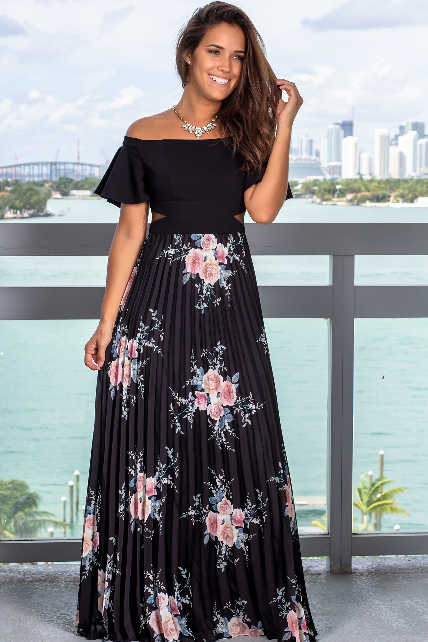 Stunning Black Floral Off-Shoulder Maxi Dress with Ruffled Sleeves