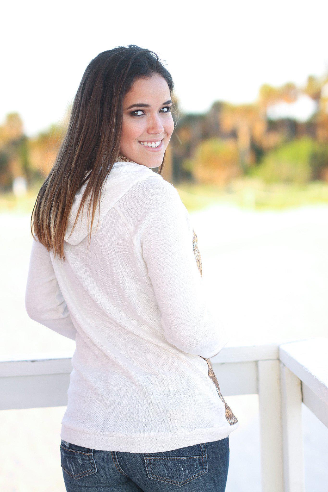 Stylish Ivory and Gold Sequined Cozy Hoodie for Fashion Lovers