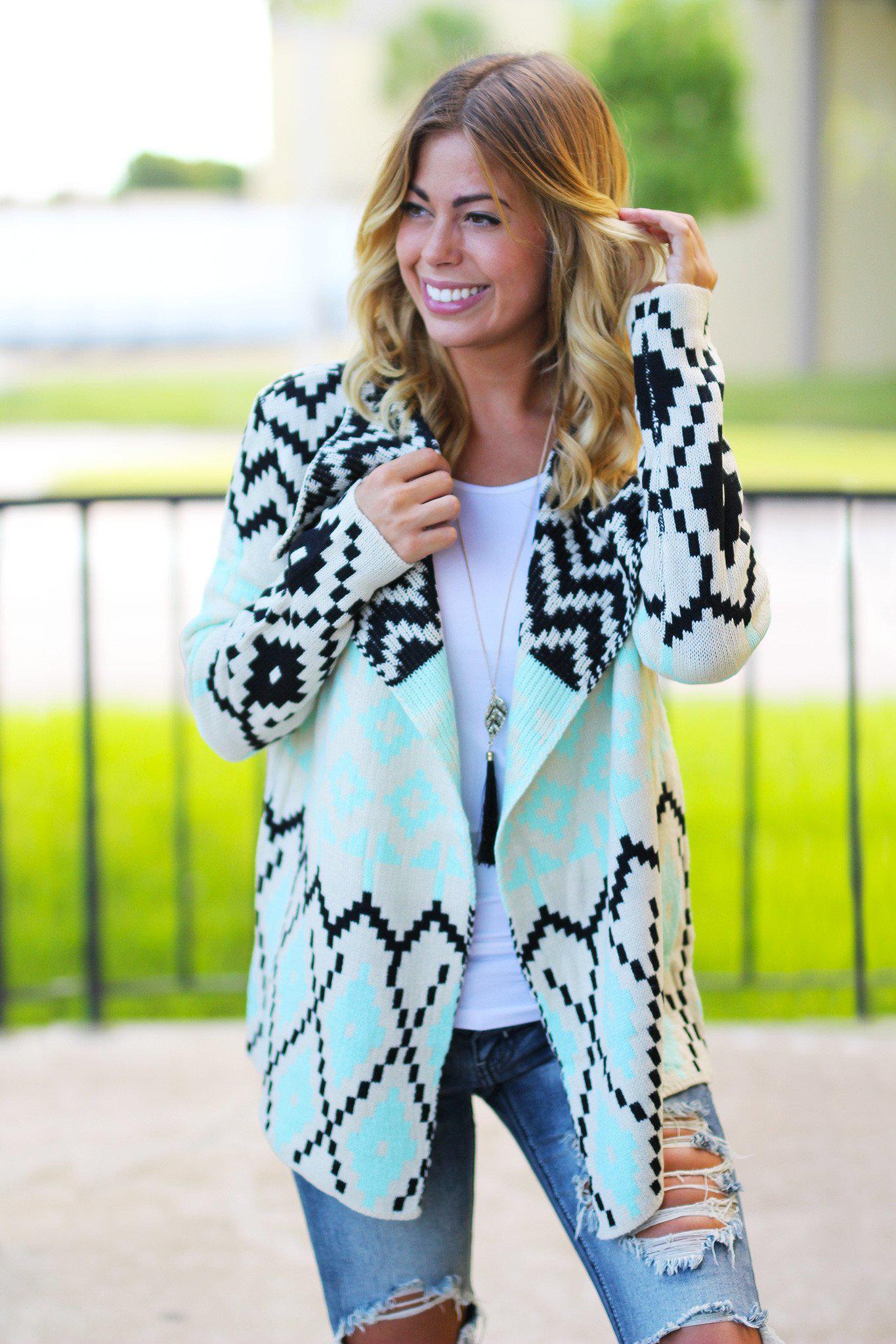 Stylish Mint and Ebony Printed Women's Cardigan for Fashionable Warmth
