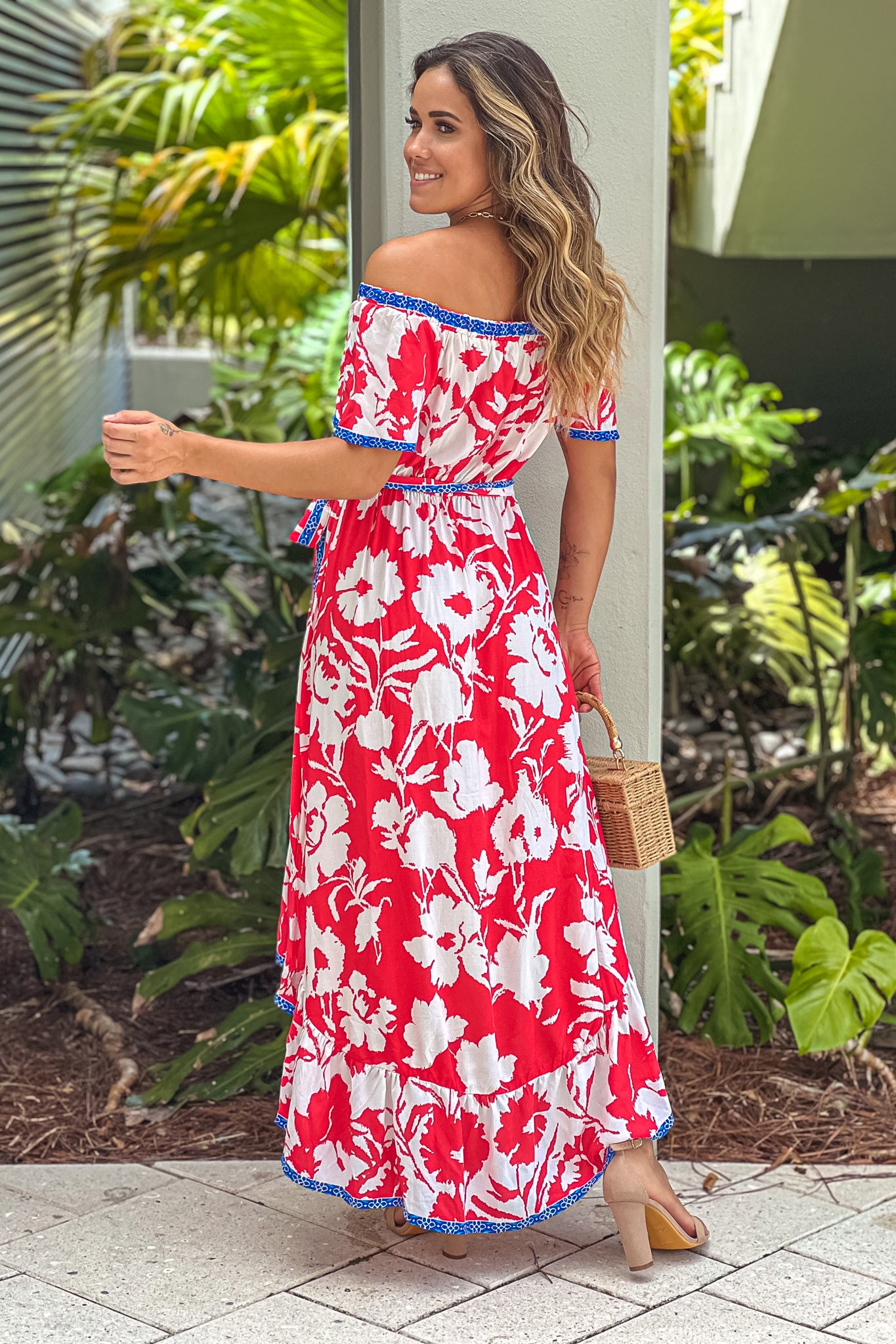 Stunning Ivory, Red & Blue Floral Off - Shoulder High Low Printed Dress