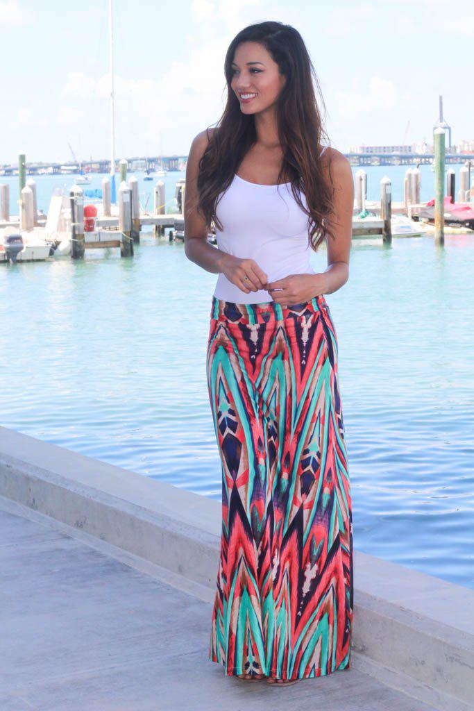 Stunning Coral and Mint Printed Rayon Maxi Skirt with Fold-Over Waistband