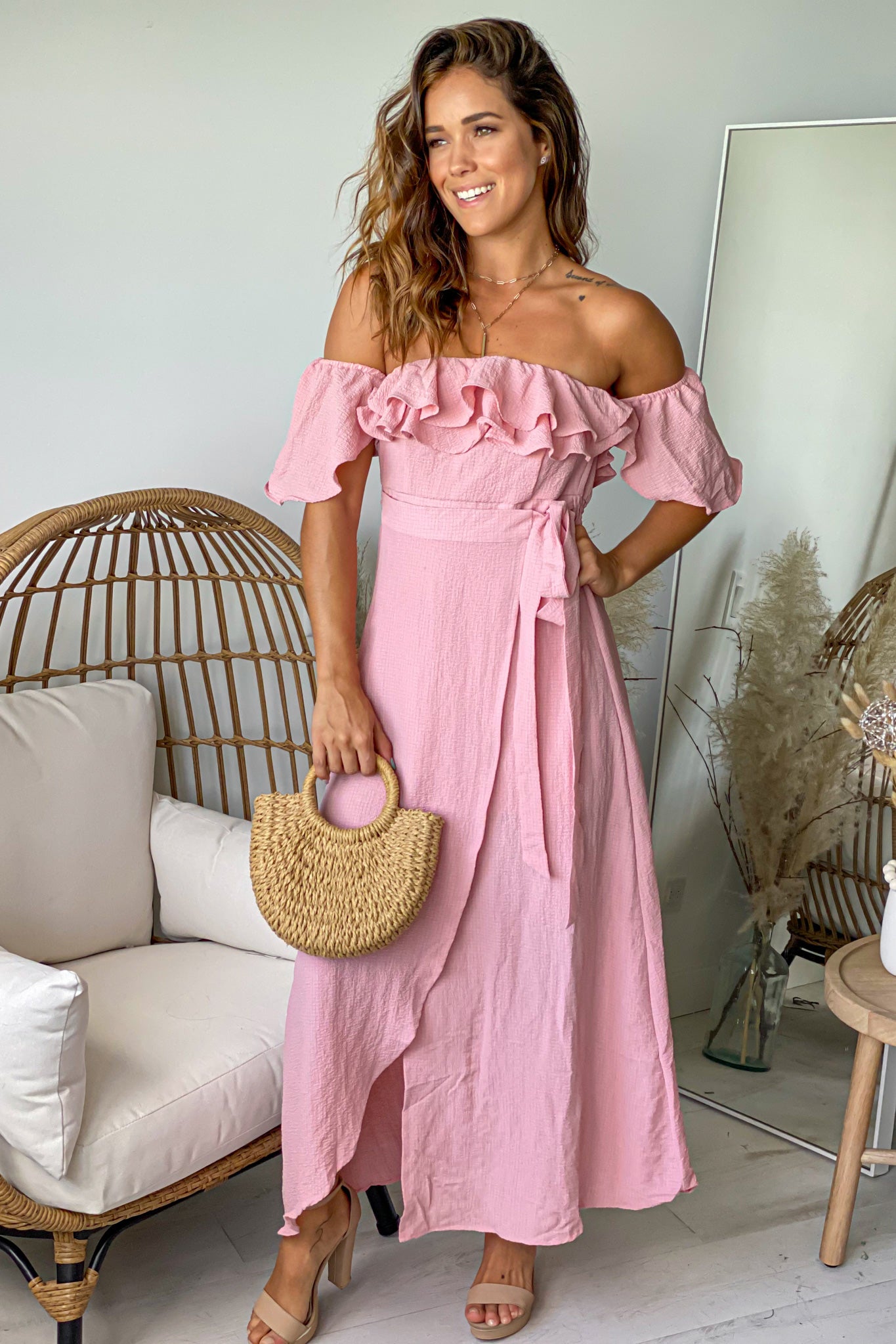 Stylish Mauve Off-Shoulder Ruffled Wrap Dress for Summer