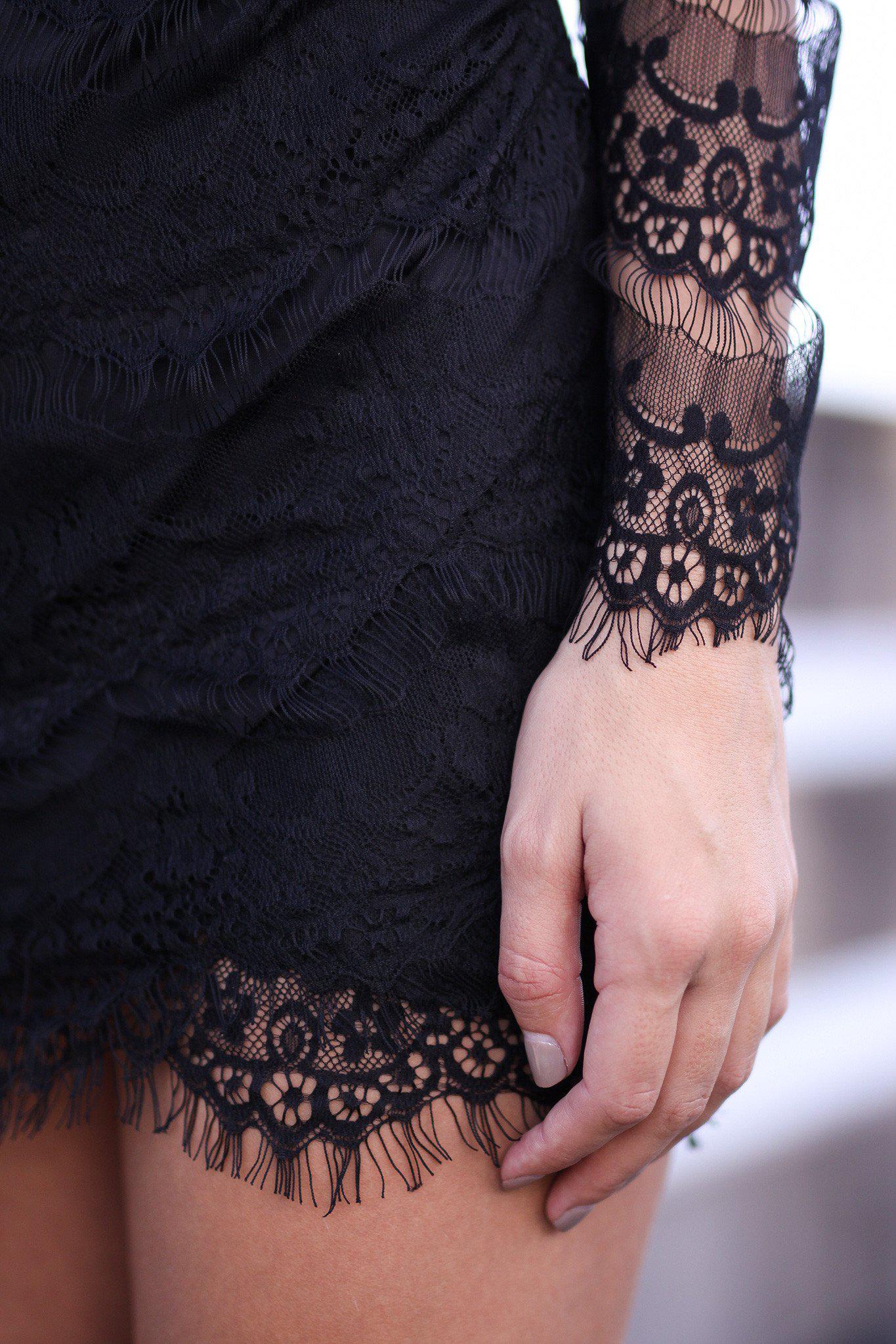 Elegant Women's Black Lace Long-Sleeved Short Dress with Open Back for Special Occasions