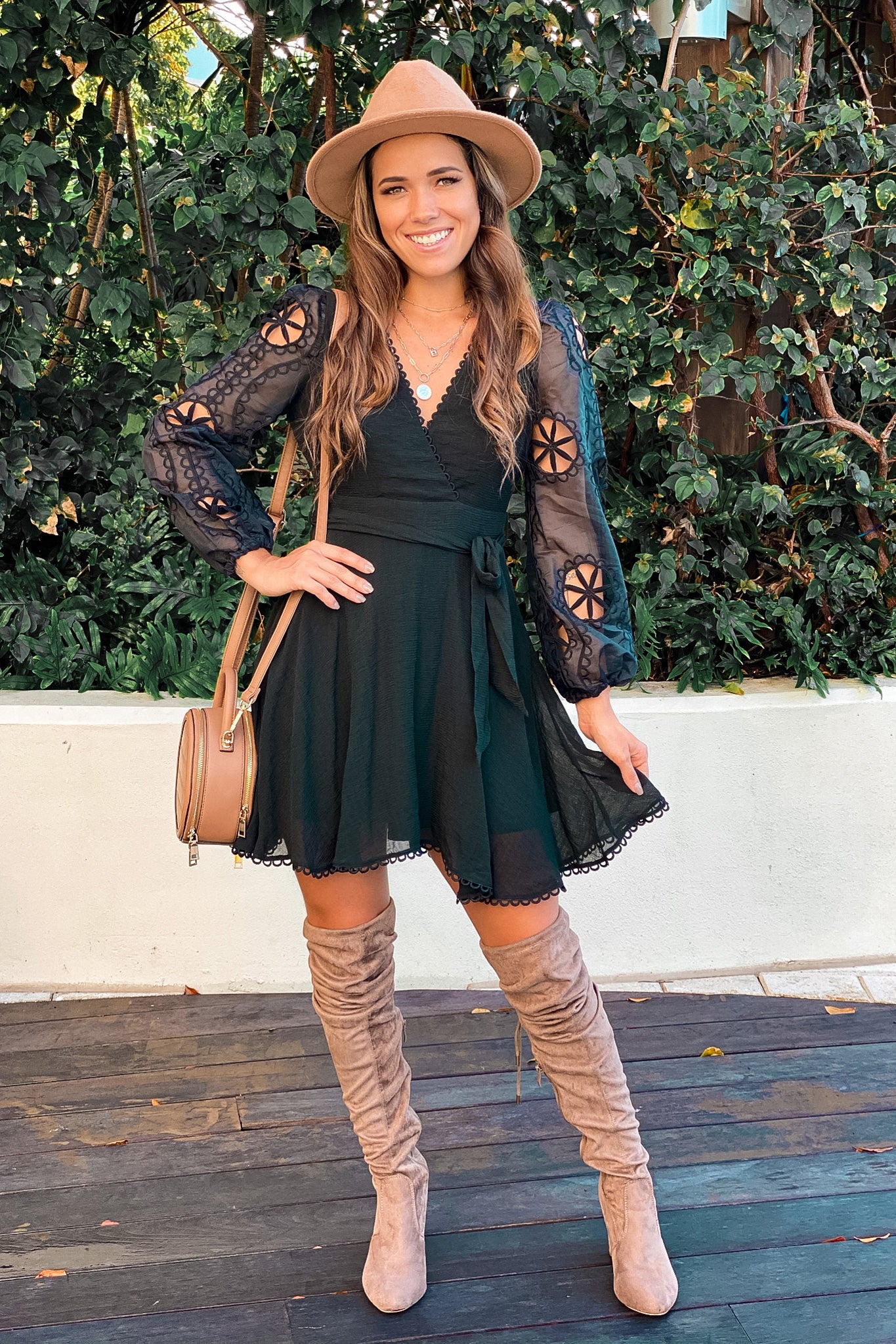Stylish Black Short Dress with Embroidered Long Sleeves
