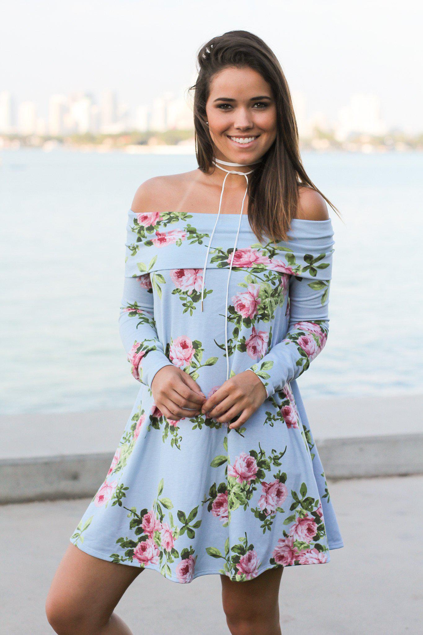 Charming Short Off-Shoulder Dress with Blue Floral Prints