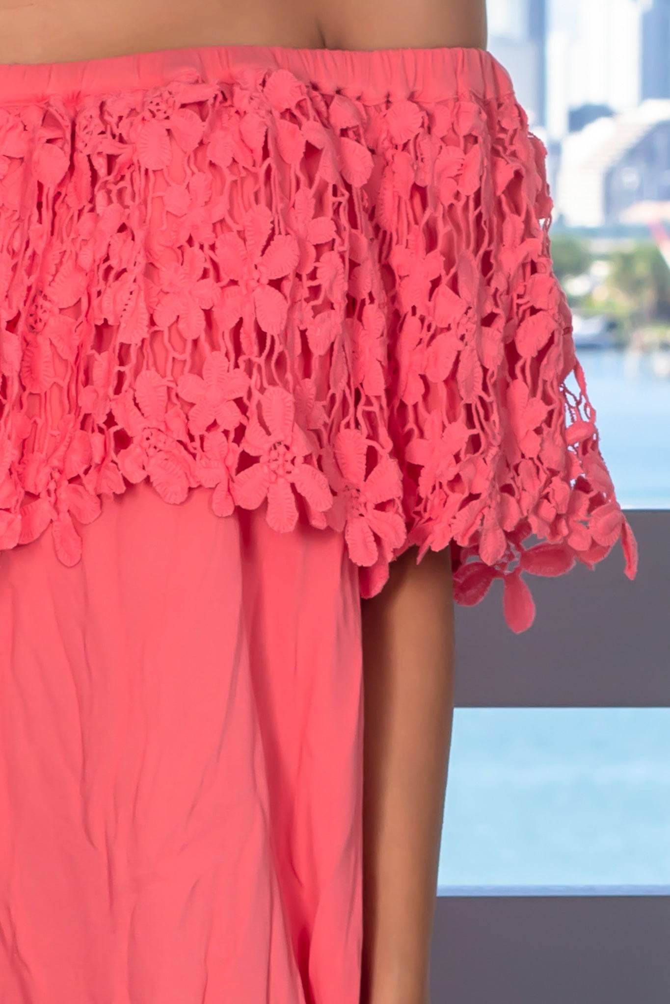 Summer Coral Ruffled Crochet Off - Shoulder Short Women's Dress