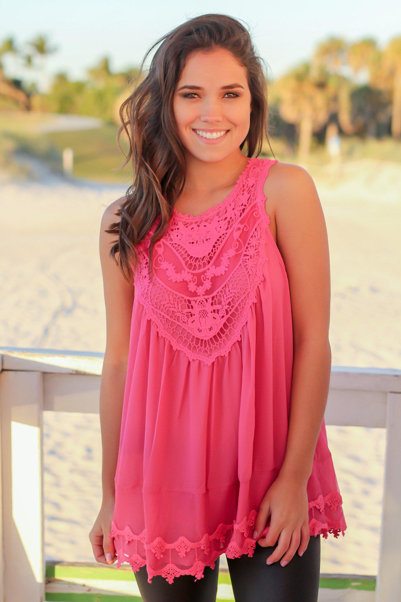 Gorgeous Hot Pink Polyester Chiffon Crochet Sleeveless Women's Top