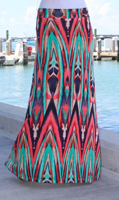 Stunning Coral and Mint Printed Rayon Maxi Skirt with Fold-Over Waistband