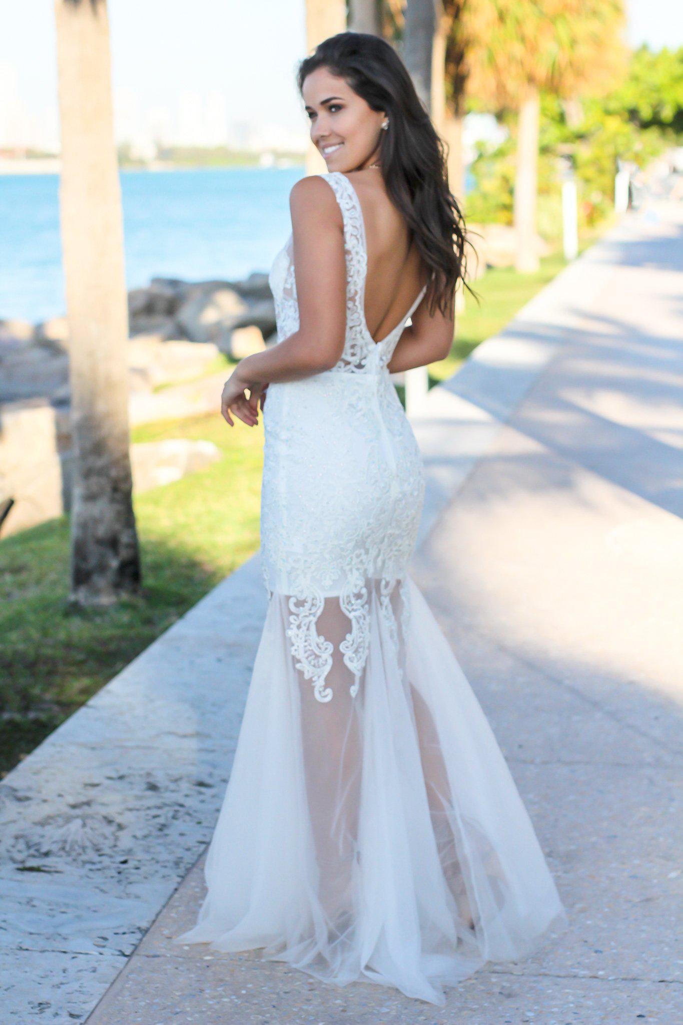 Stunning Cream Polyester Lace Maxi Dress with Tulle Design
