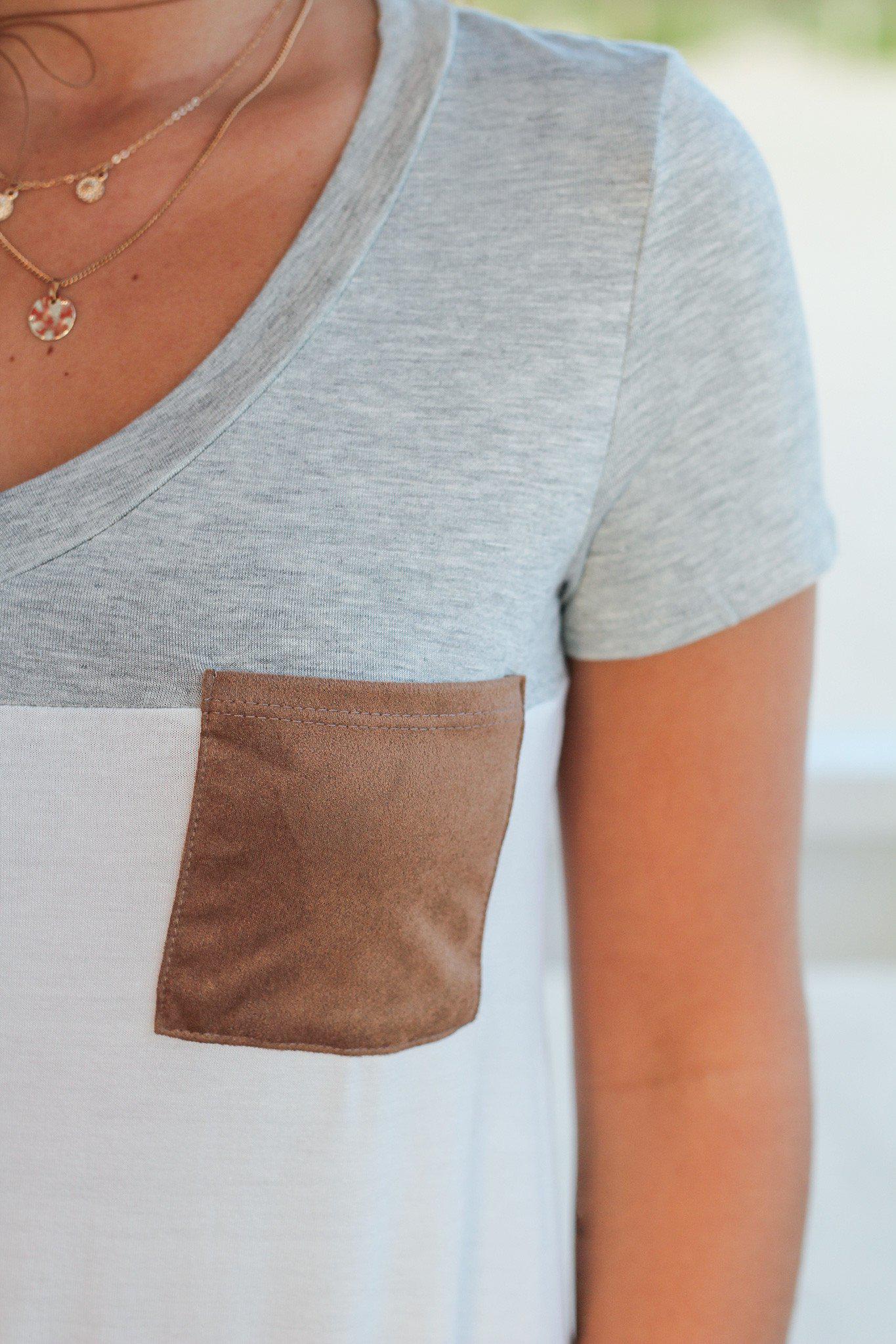 Stylish Ivory, Gray and Tan Top with Faux Suede Pocket