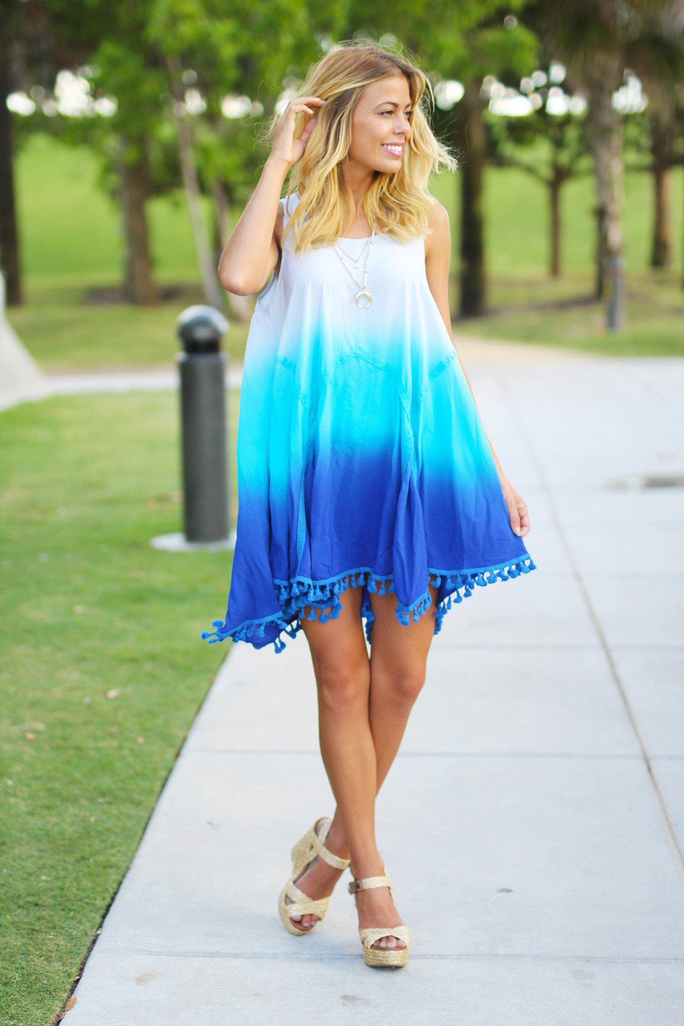 Stylish Short Blue Ombre Dress Adorned with Tassels