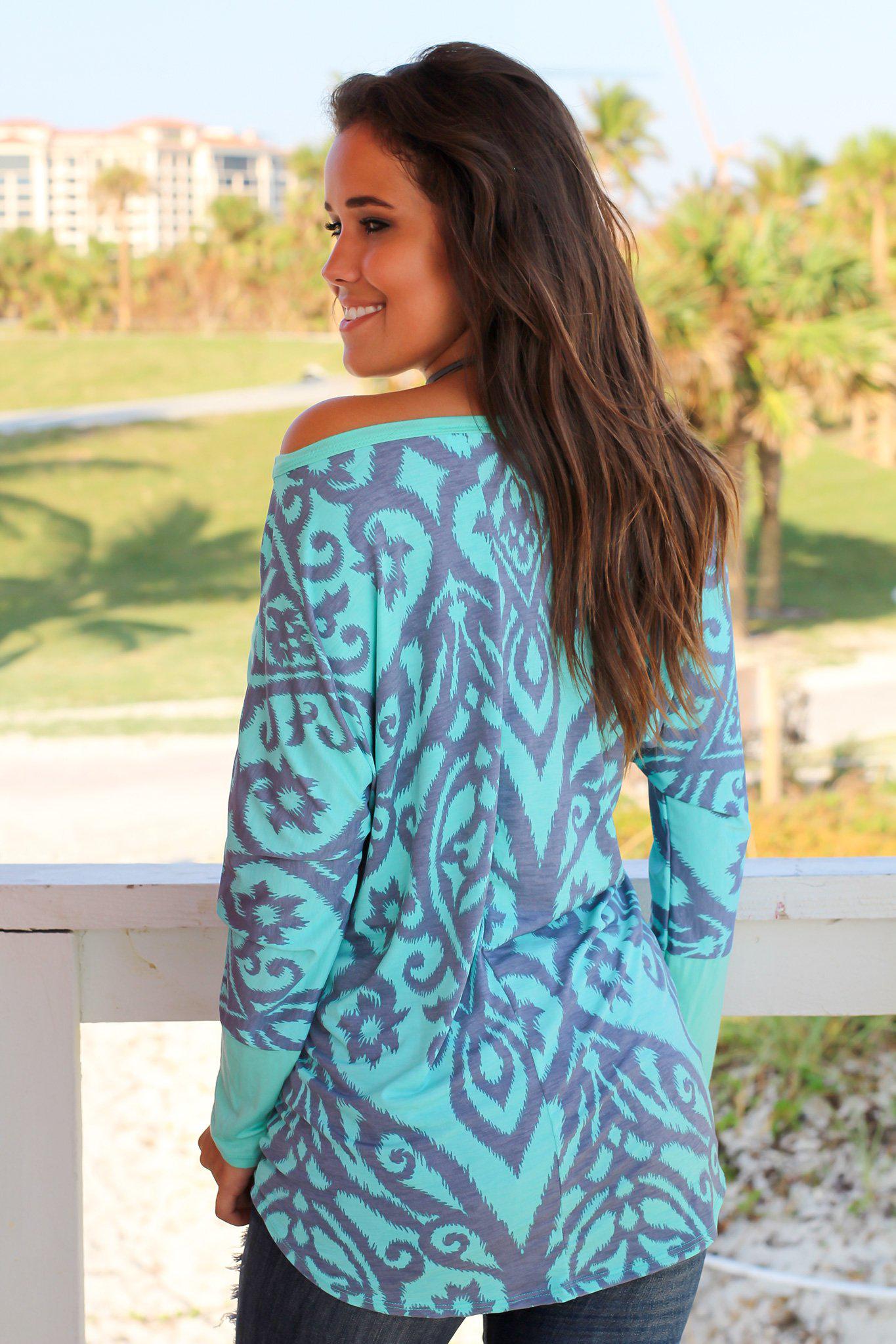 Adorable Mint and Gray Printed Pocket Dolman Top
