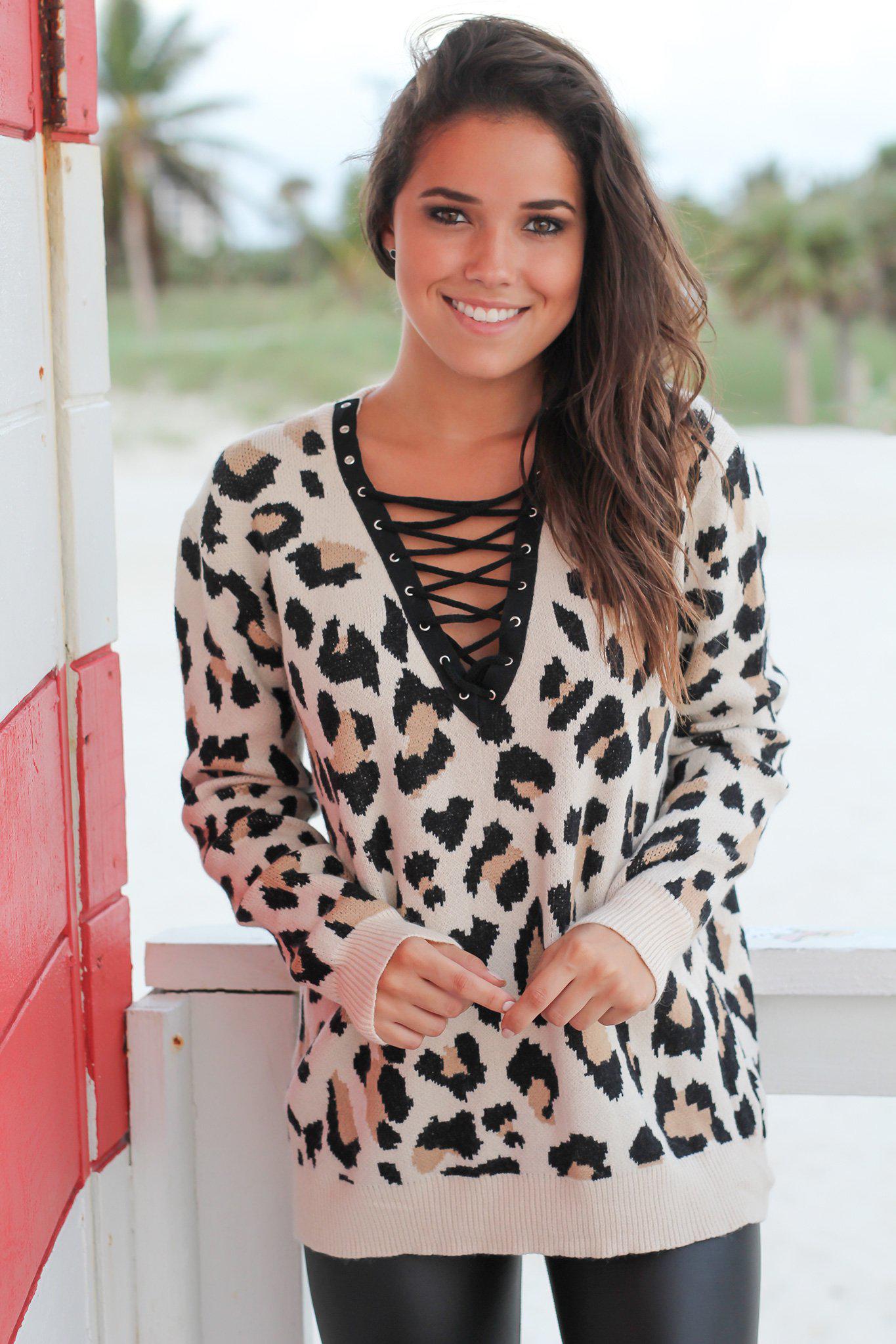 Stylish Cheetah Print Lace-Up Knit Sweater for Fall and Winter
