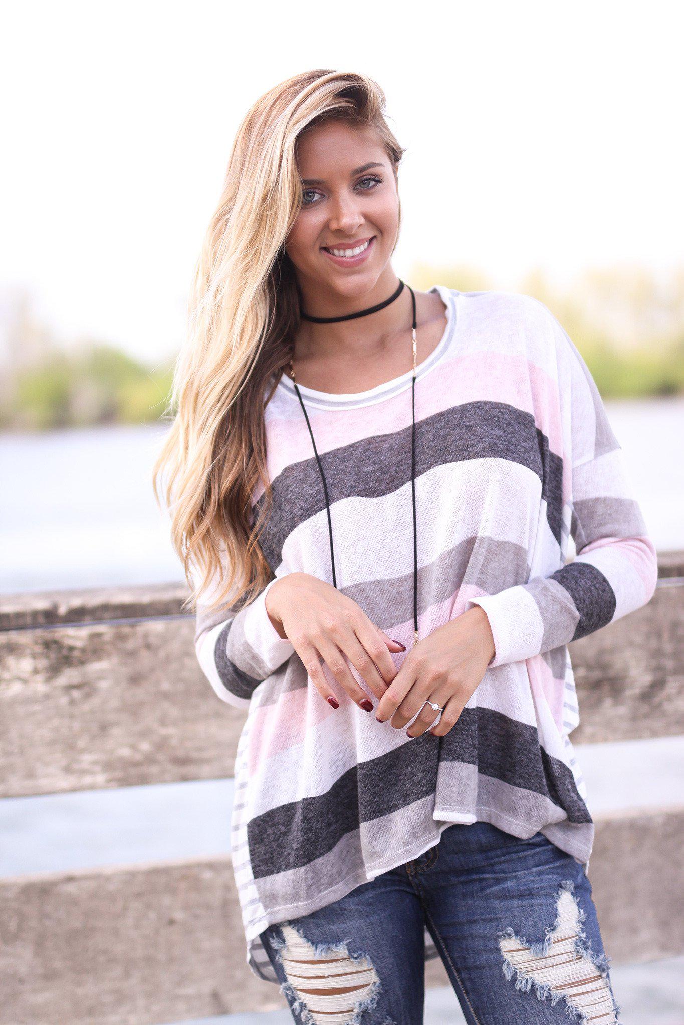 Stylish Ivory and Pink Striped Back Long - Sleeve Top