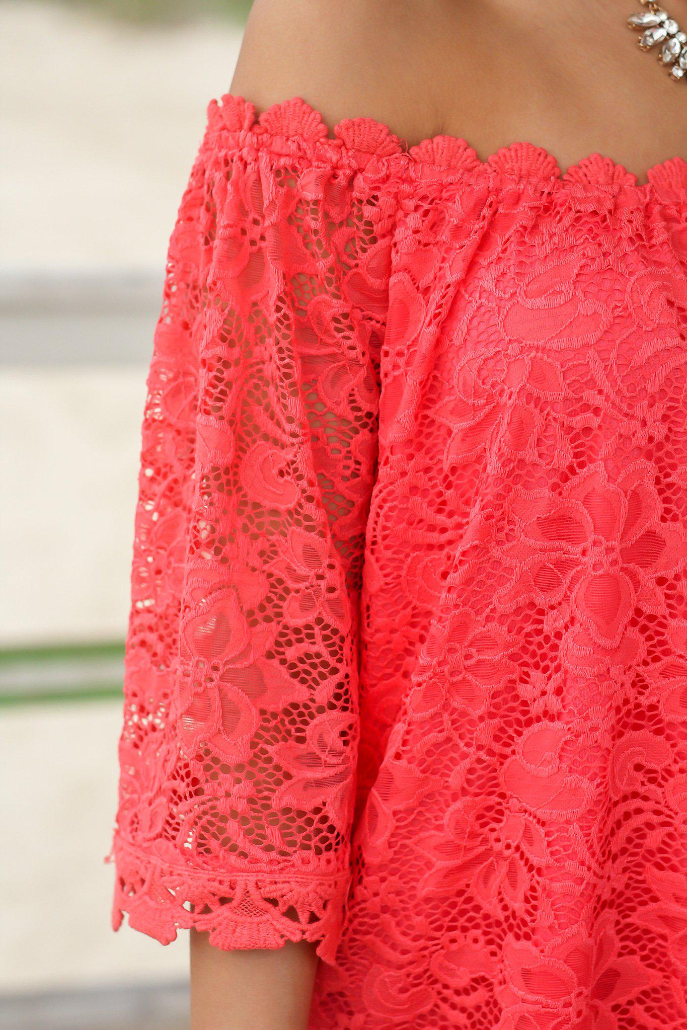 Stylish Coral Lace Off-the-Shoulder Women's Fashion Top