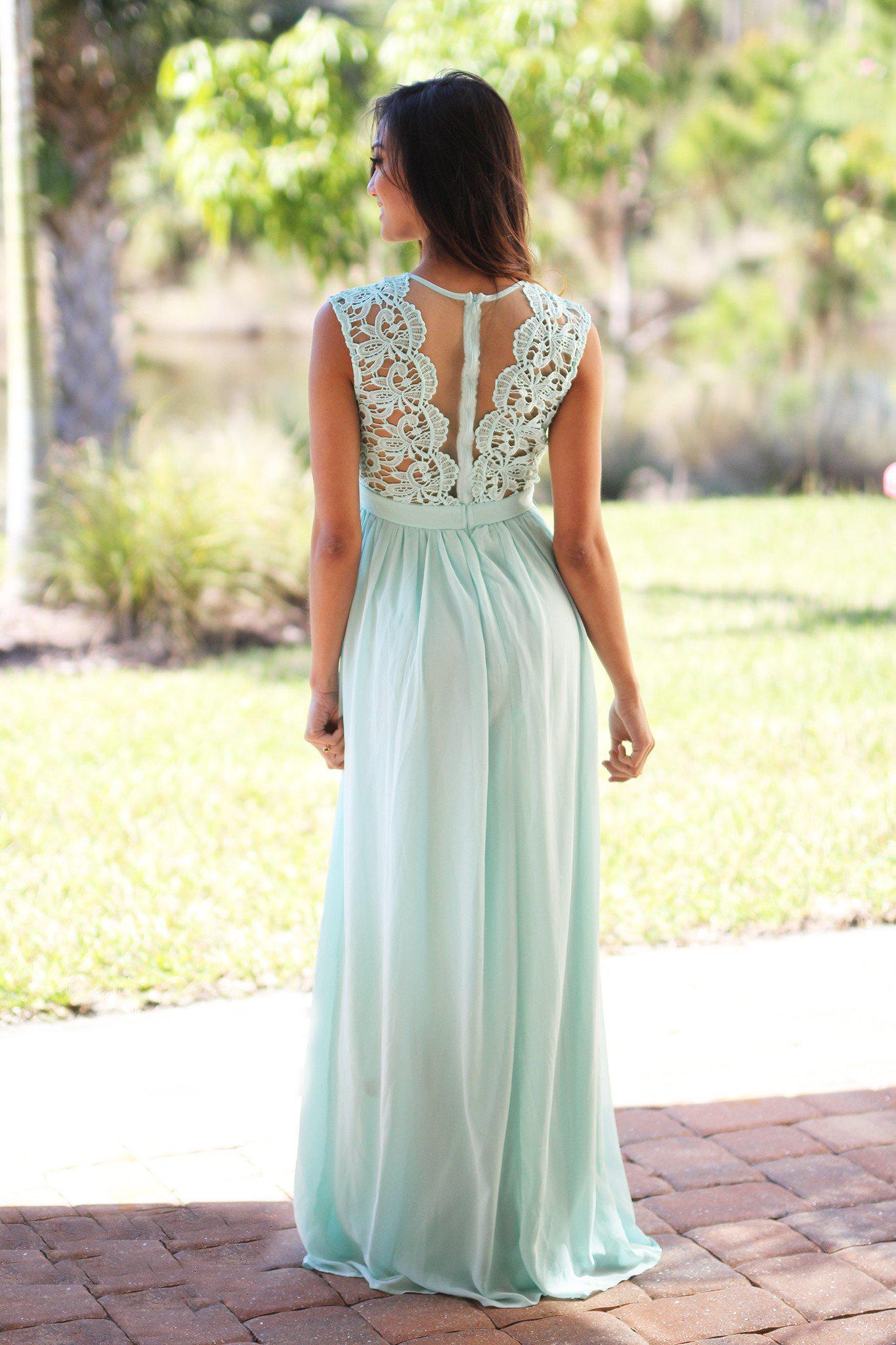 Stunning Mint Green Crochet Design Maxi Dress with Elegant Tulle Back for Special Occasions