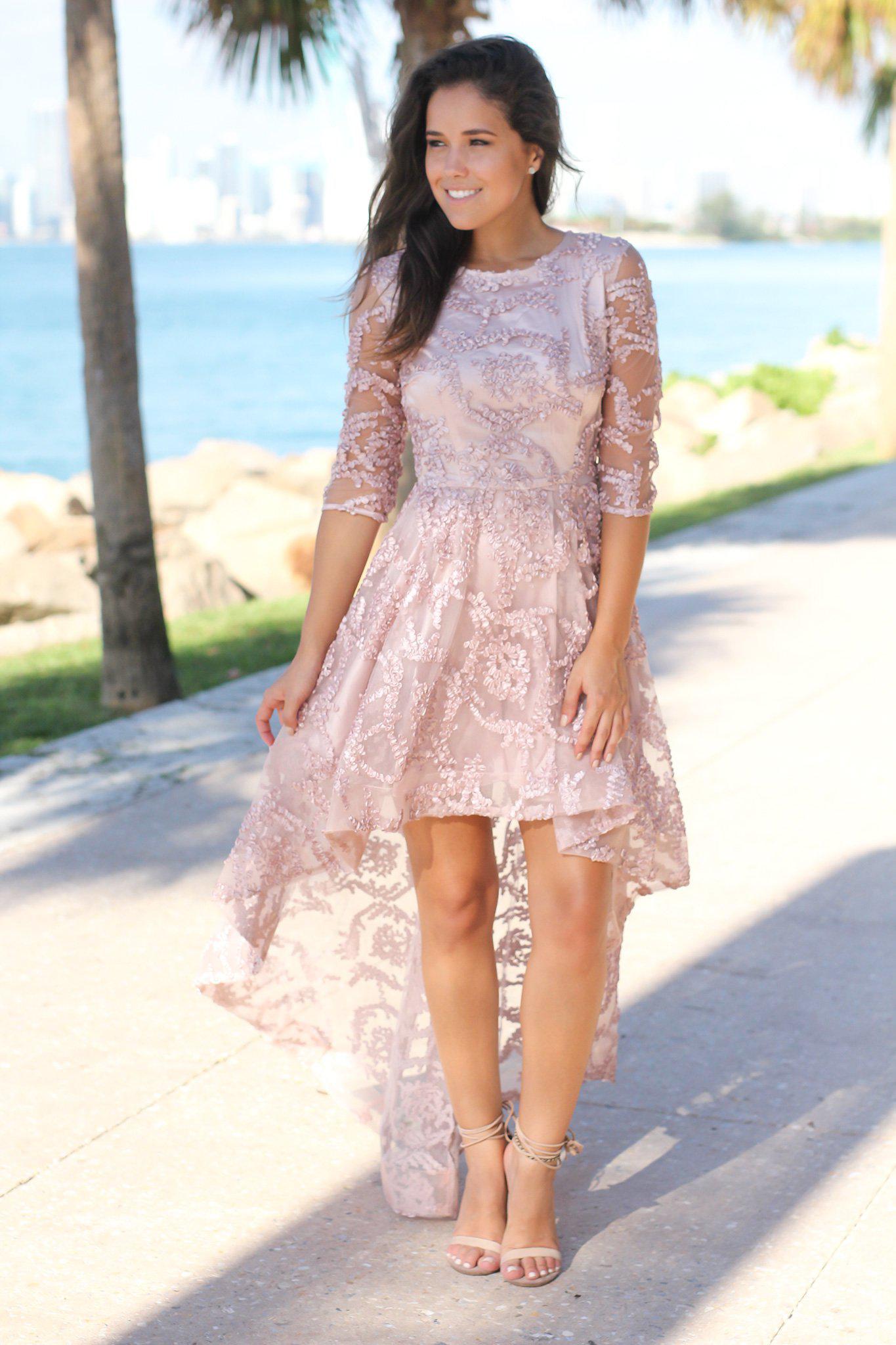 Elegant Blush-Colored High Low Style Dress with Three - Quarter Sleeves