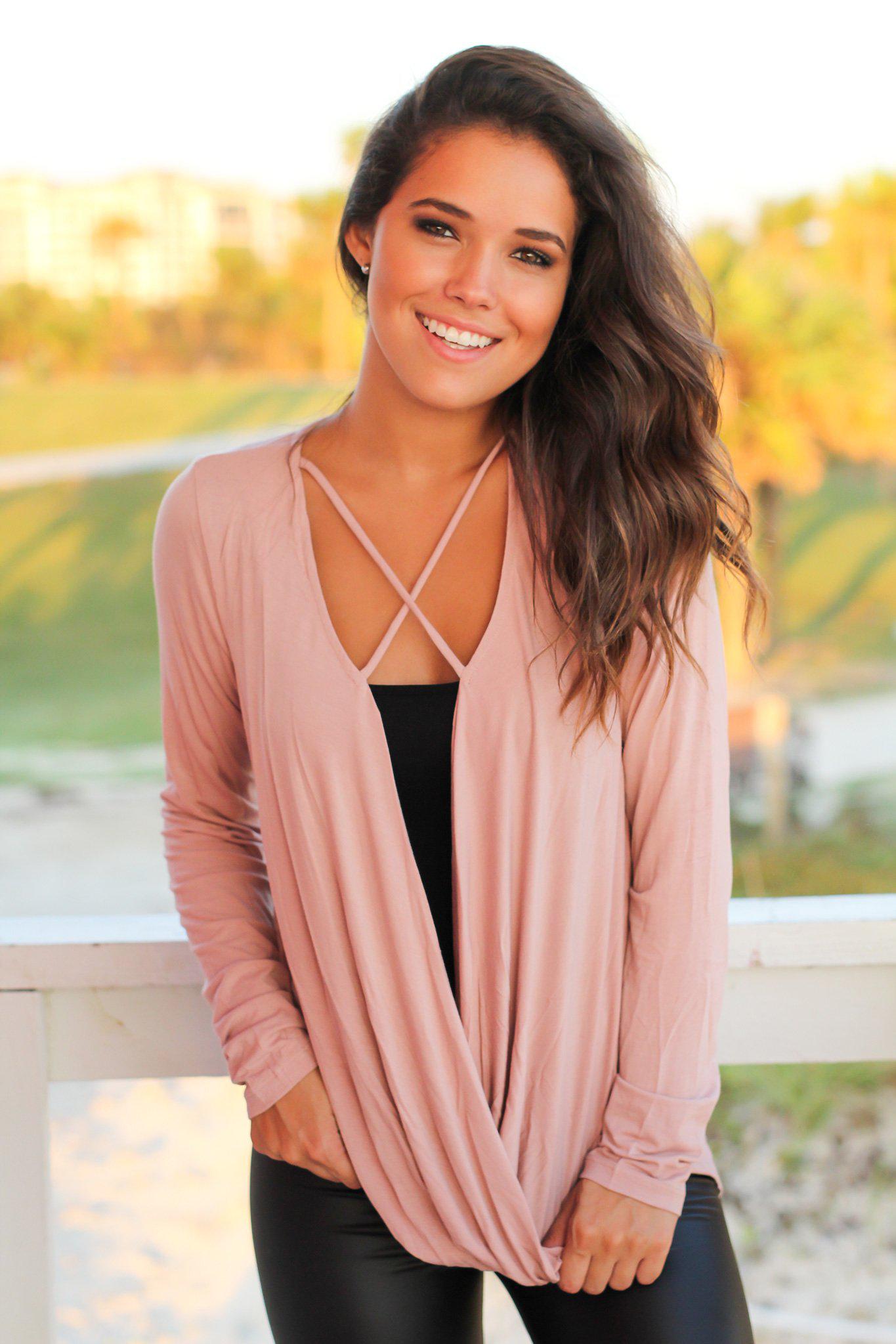Soft and Comfortable Blush Criss Cross Long - Sleeve Draped Top