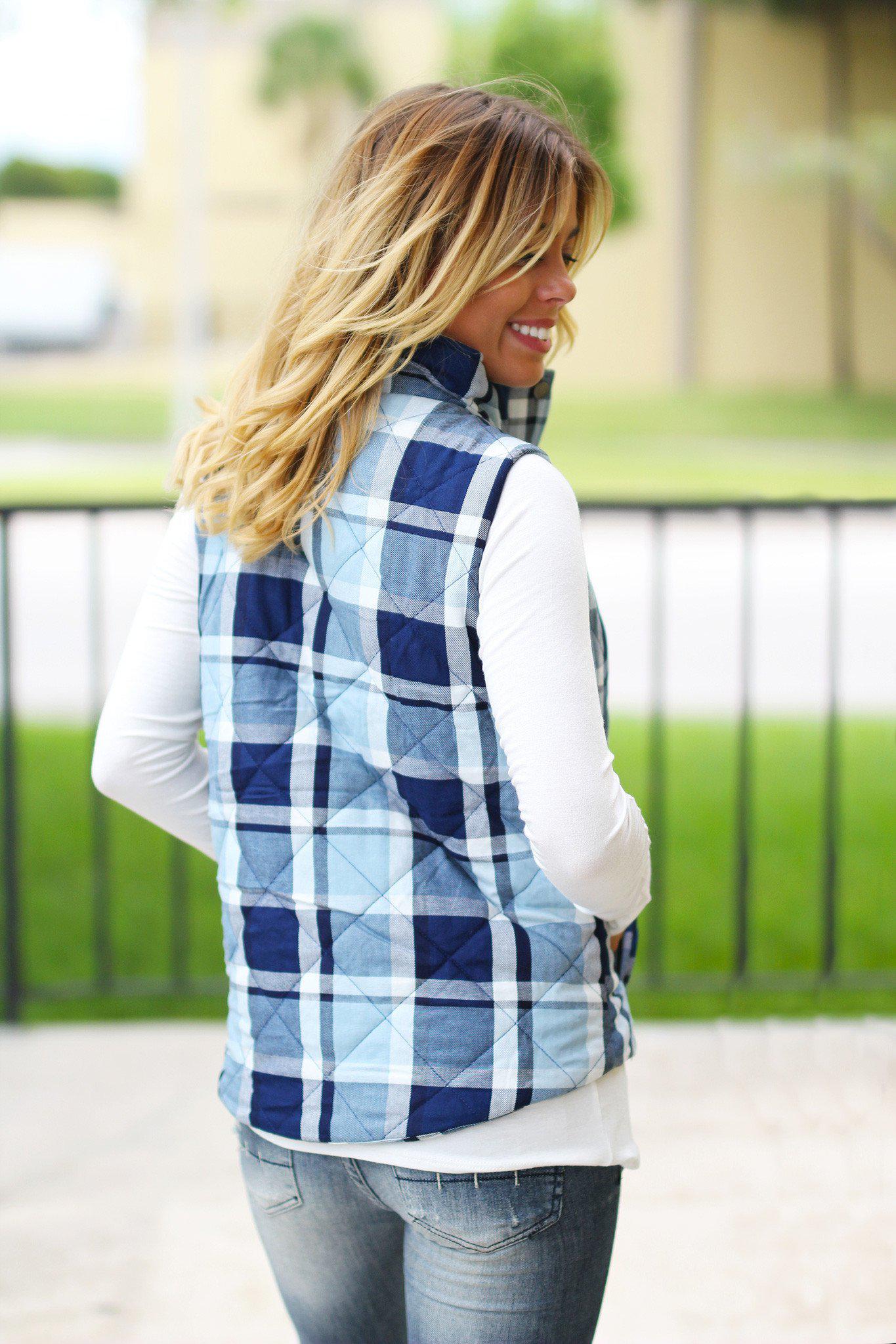 Stylish Blue Plaid Cotton Vest for Fall/Winter with Convenient Front Pockets