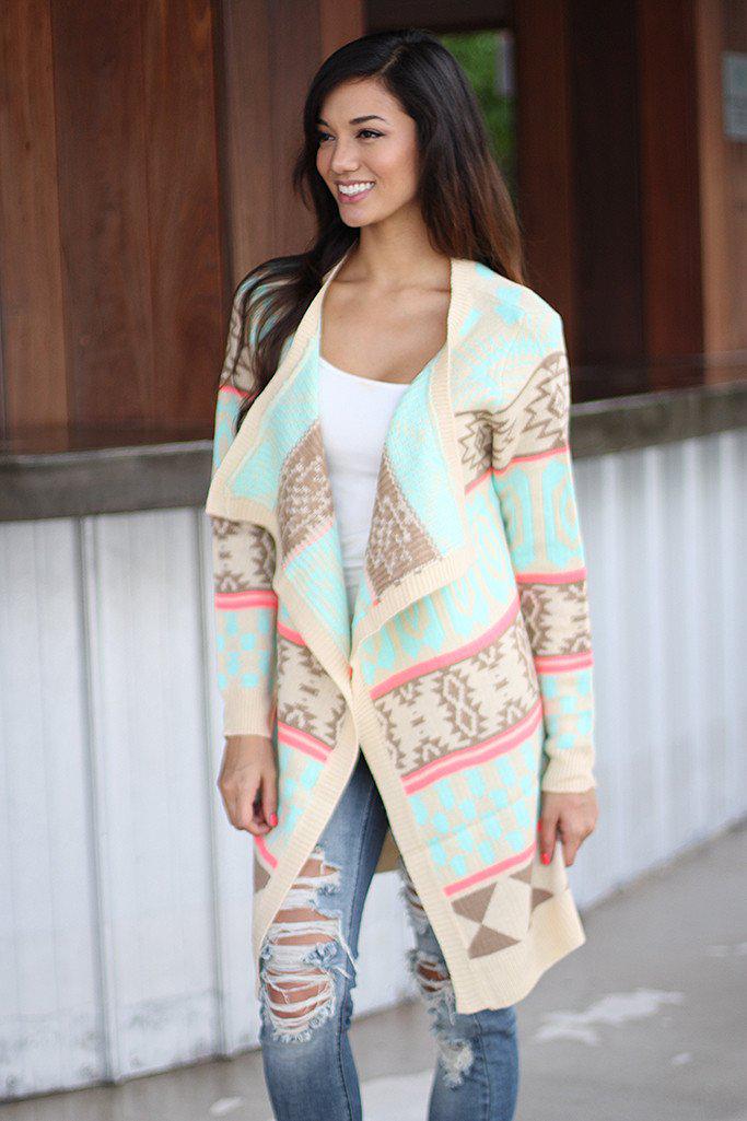 Stylish Cream and Neon Pink Long Knitted Cardigan for Winter