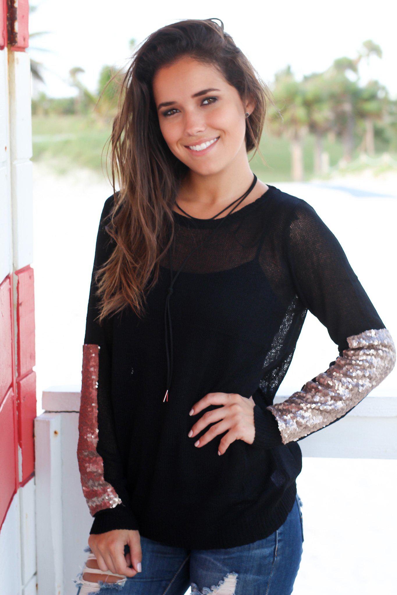 Stylish Black Sheer Top Featuring Taupe Sequined Long Sleeves