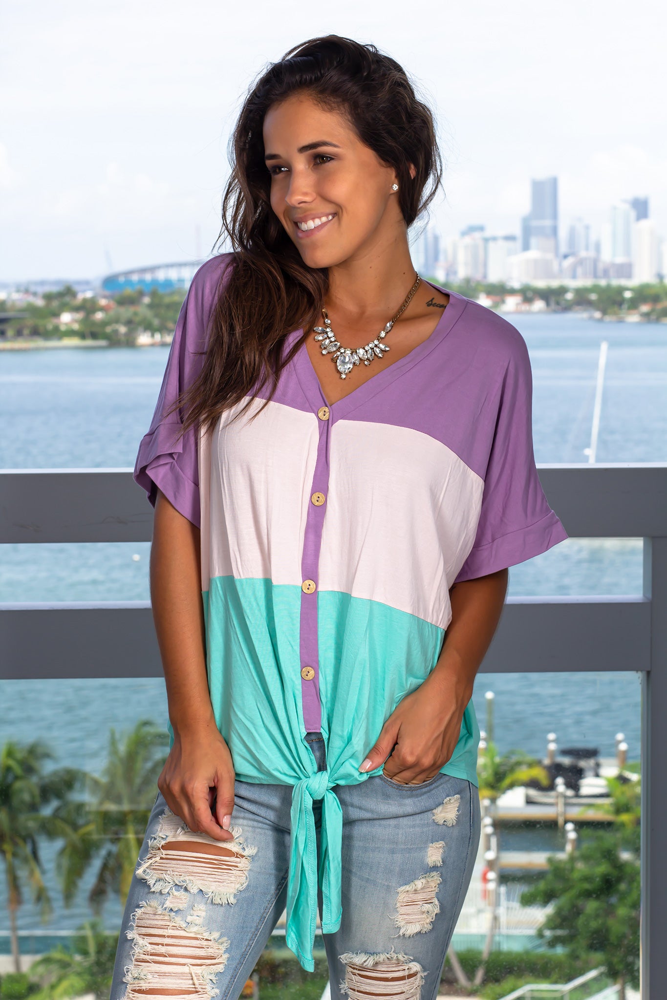 Stylish Mint Color - Block Button - Front Crochet - Back Top