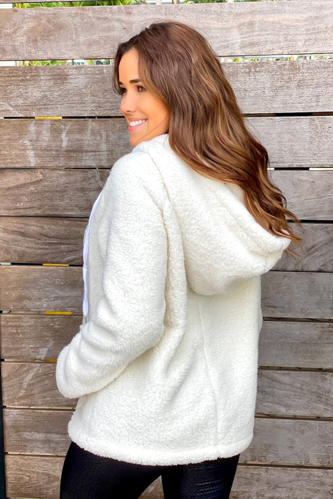 Cream-colored Oversized Fuzzy Hoodie Pullover with Front Pockets