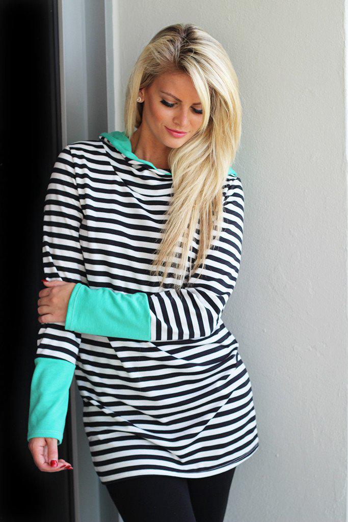 Soft Mint and Black Striped Hooded Tunic for Women's Daily Wear