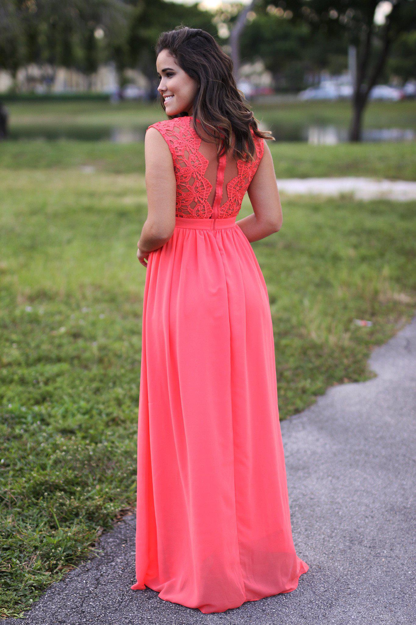 Exquisite Coral-Colored Crochet Design Maxi Dress with Tulle Back for Special Occasions
