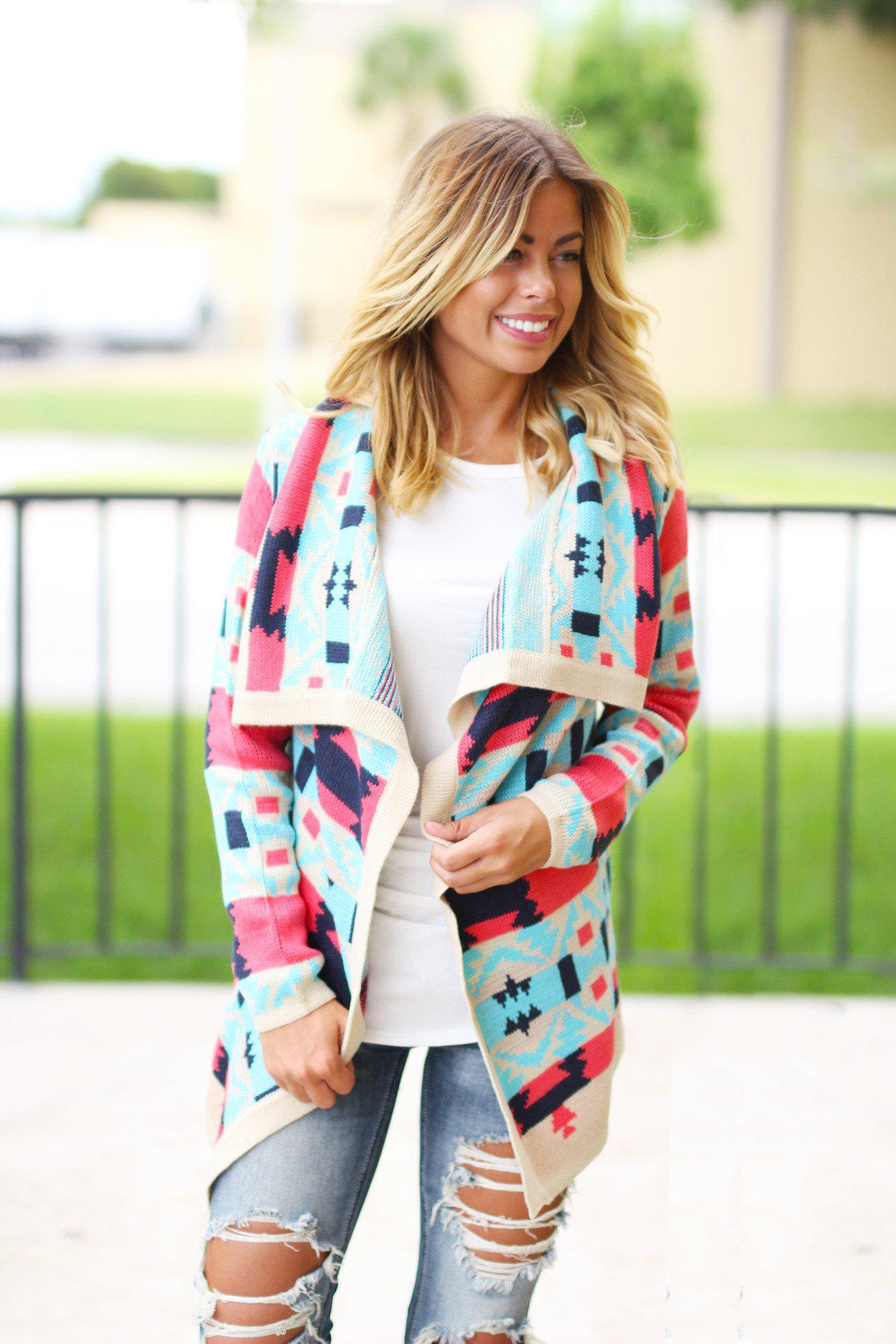 Stylish Coral and Aqua Knit Women's Cardigan