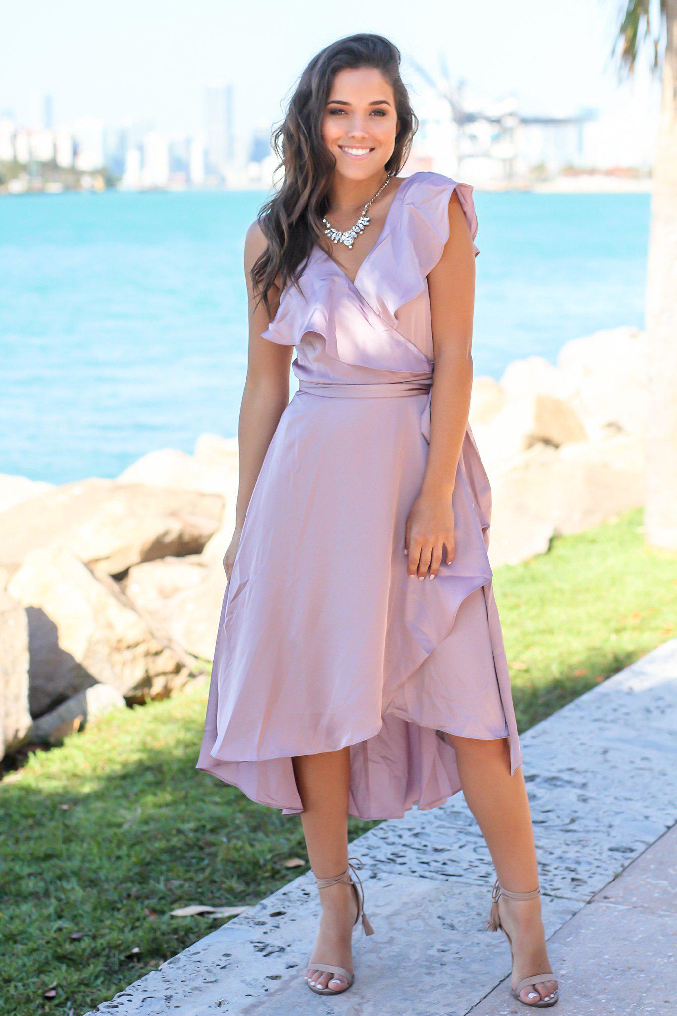 Gorgeous Mauve Wrap Dress with Elegant Ruffle Details