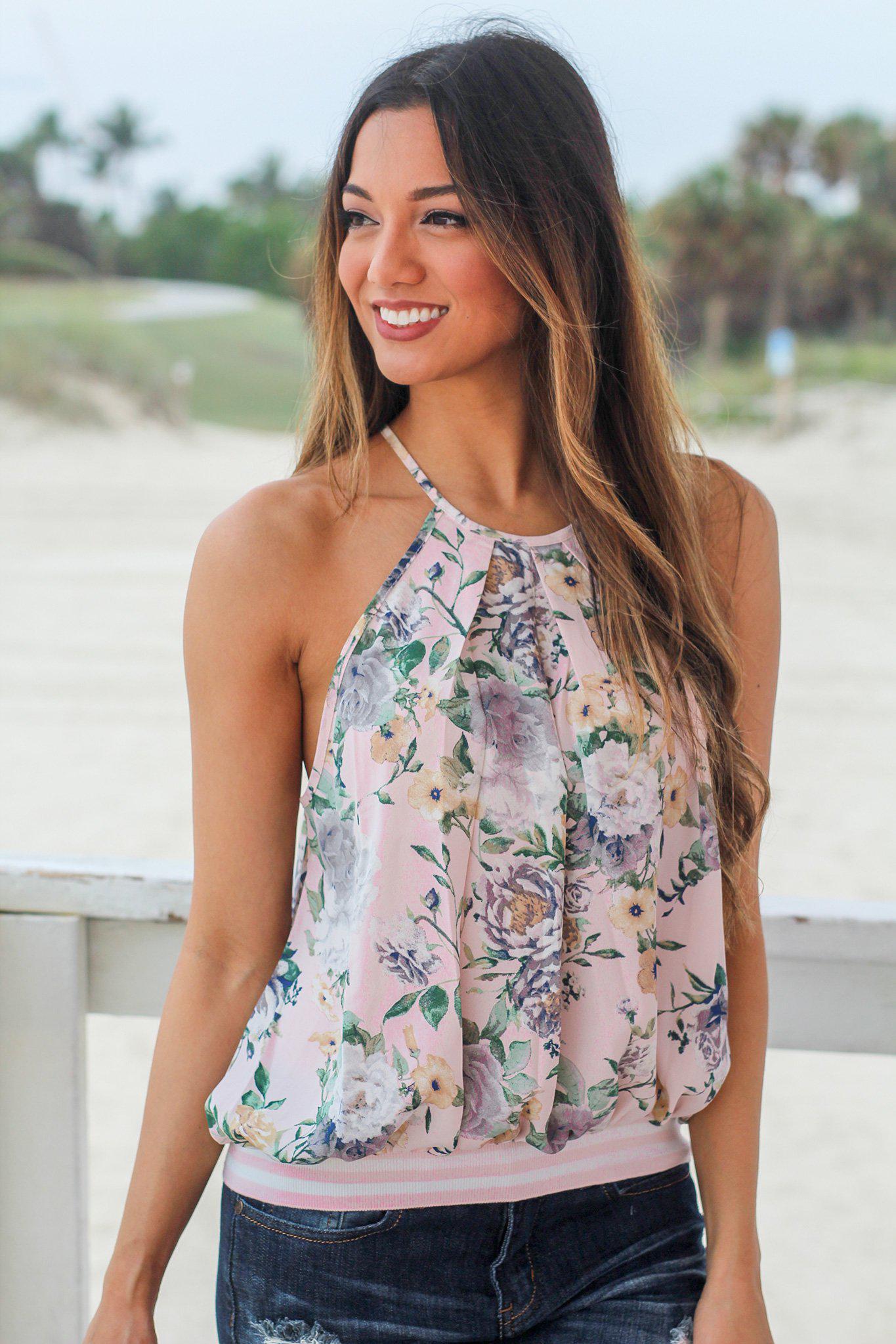 Charming Blush Floral Halter Pleated Sleeveless Tank Top