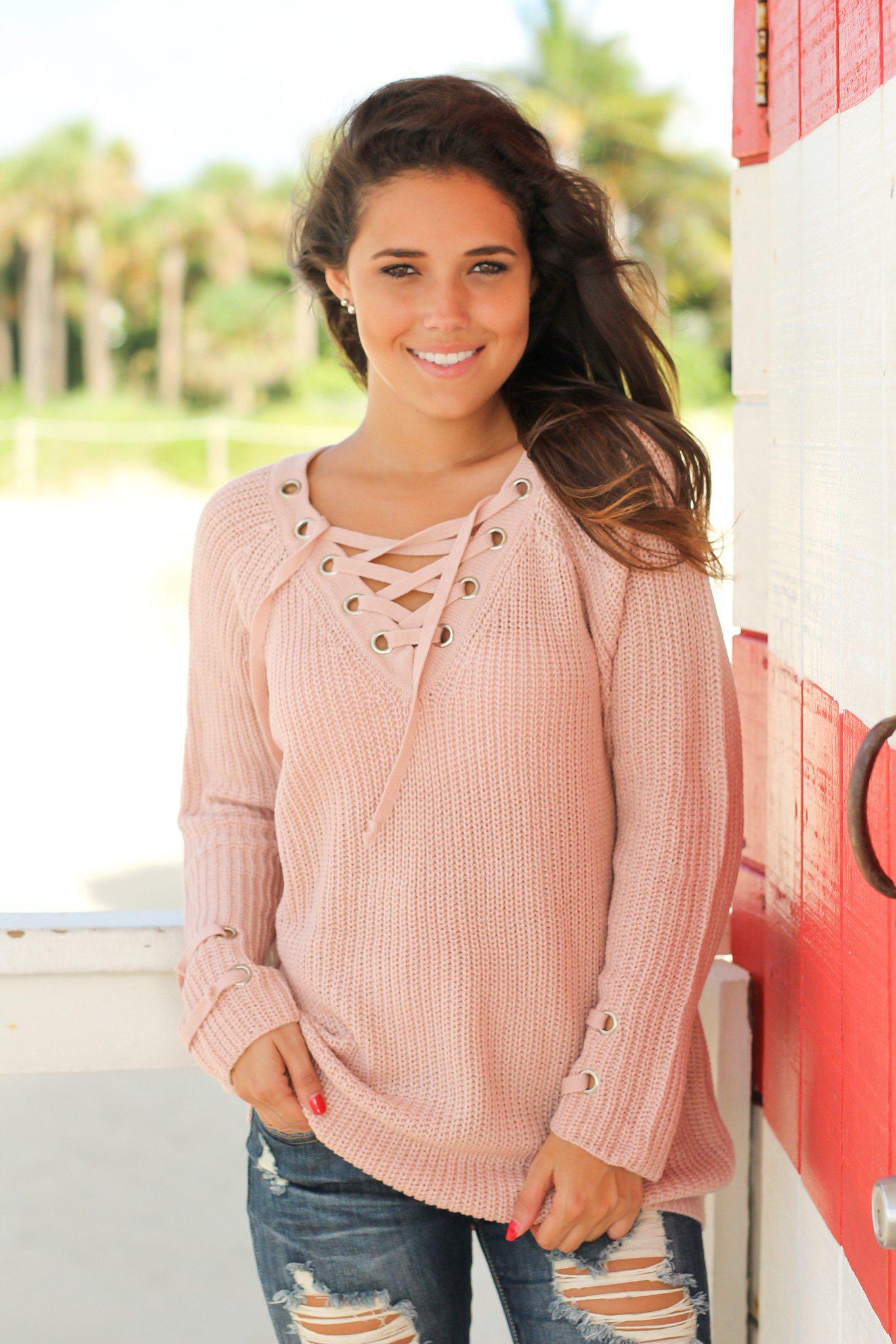 Stylish Blush Colored Lace Up Knit Sweater for Fall and Winter
