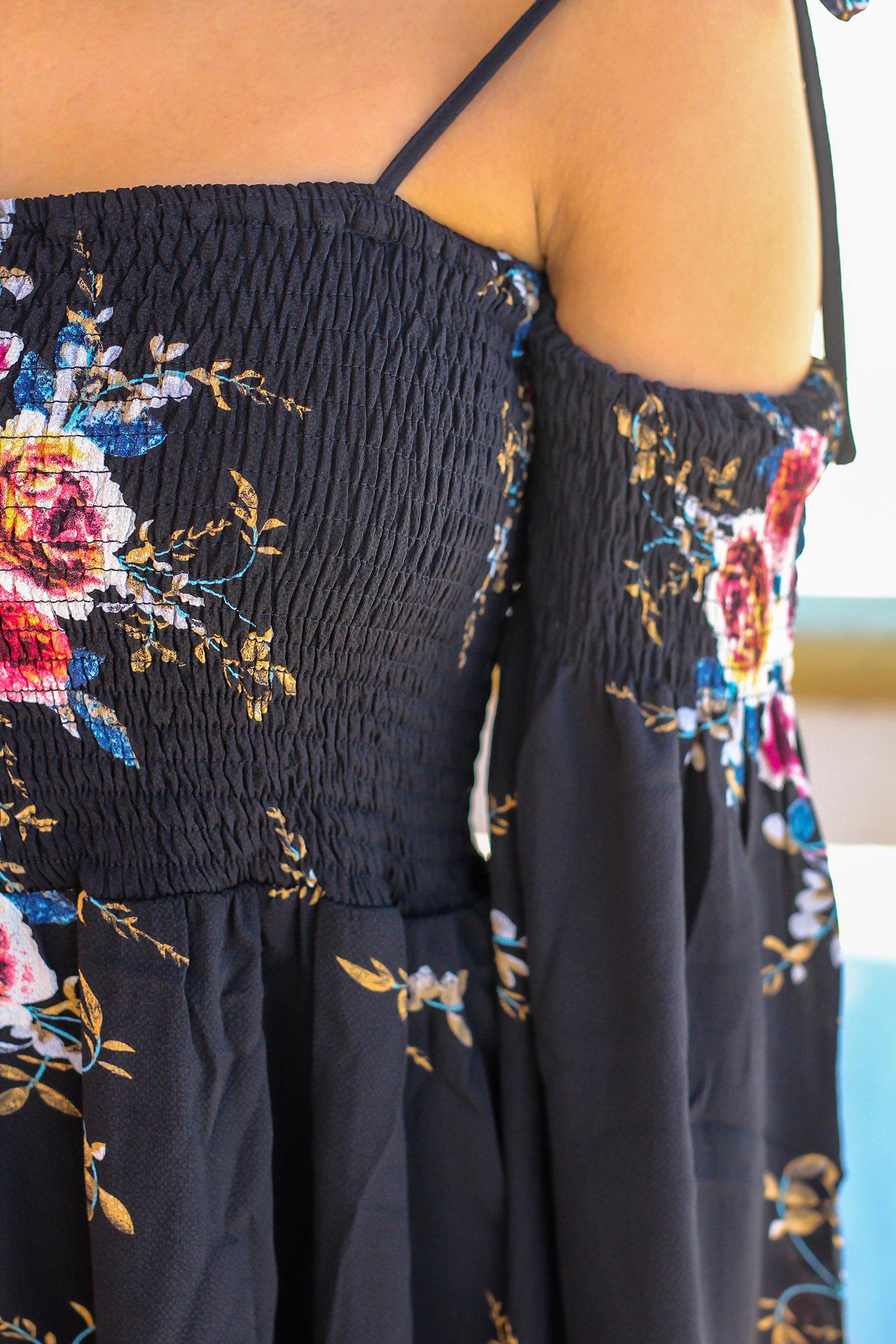 Stylish Black Floral Open-Shoulder Short Dress with Long Bell Sleeves