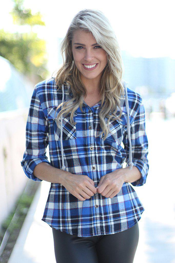 Stylish Blue Plaid Cotton Blend Hooded Women's Top