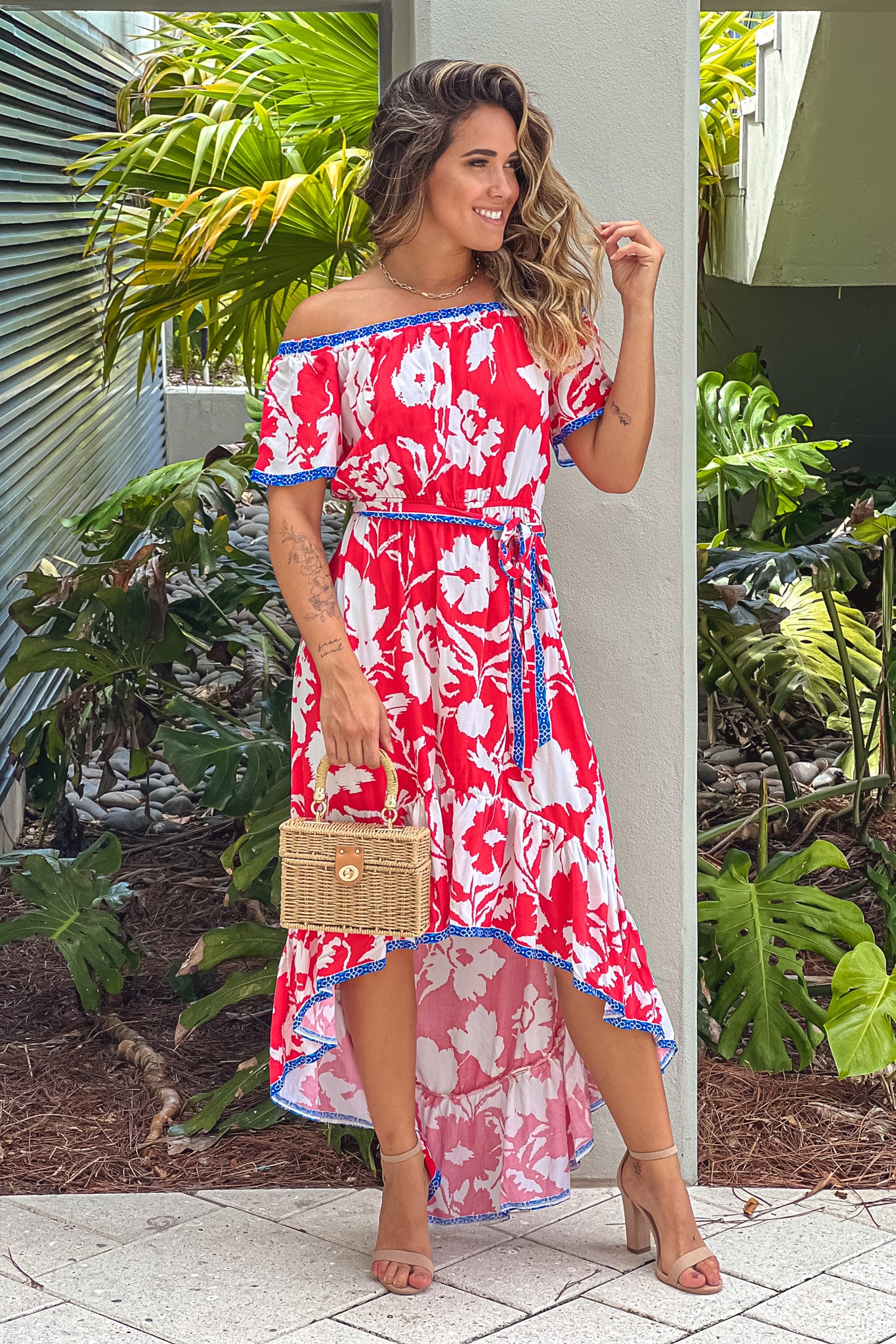 Stunning Ivory, Red & Blue Floral Off - Shoulder High Low Printed Dress