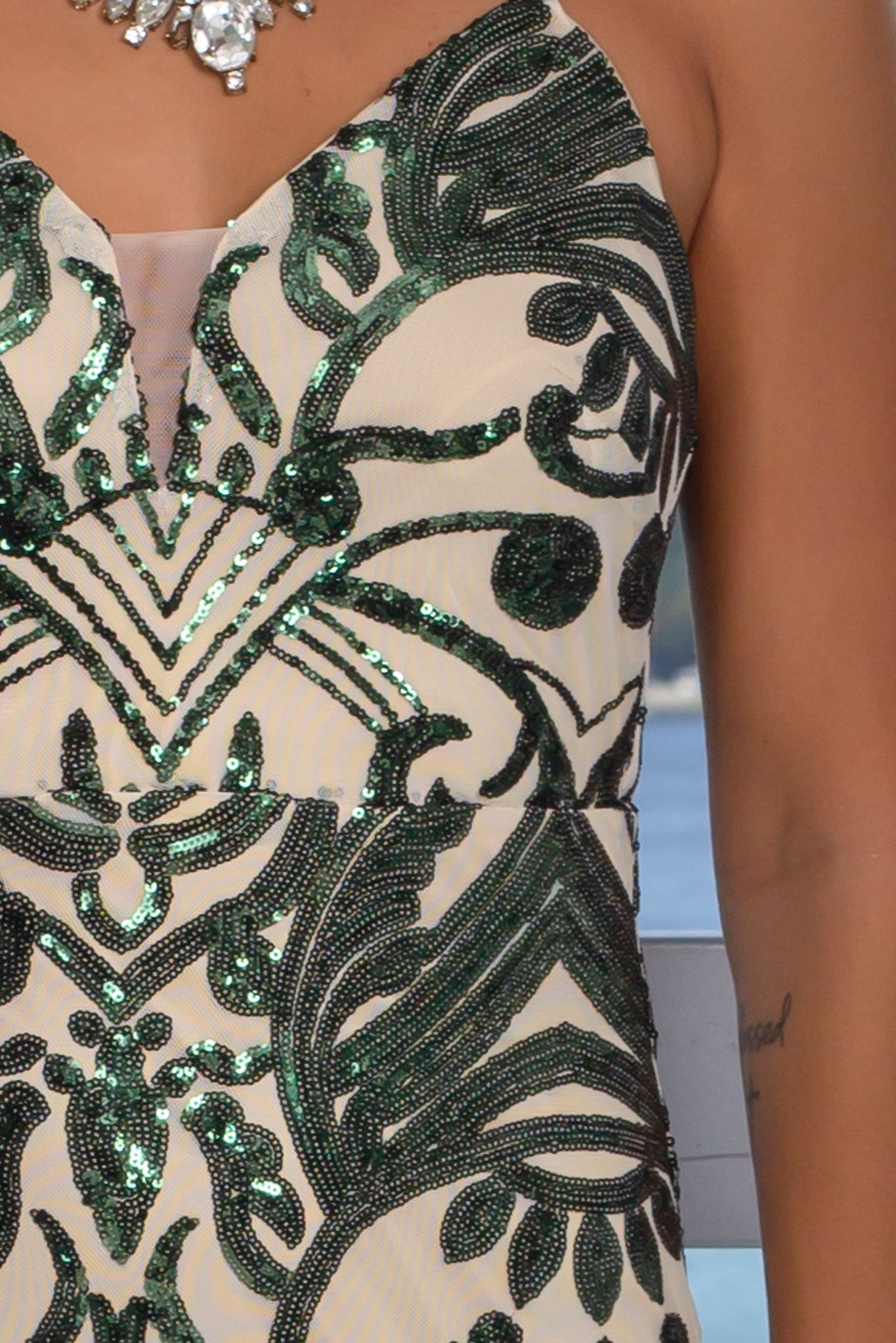 Gorgeous Hunter Green and Beige Sequined Fitted Maxi Dress