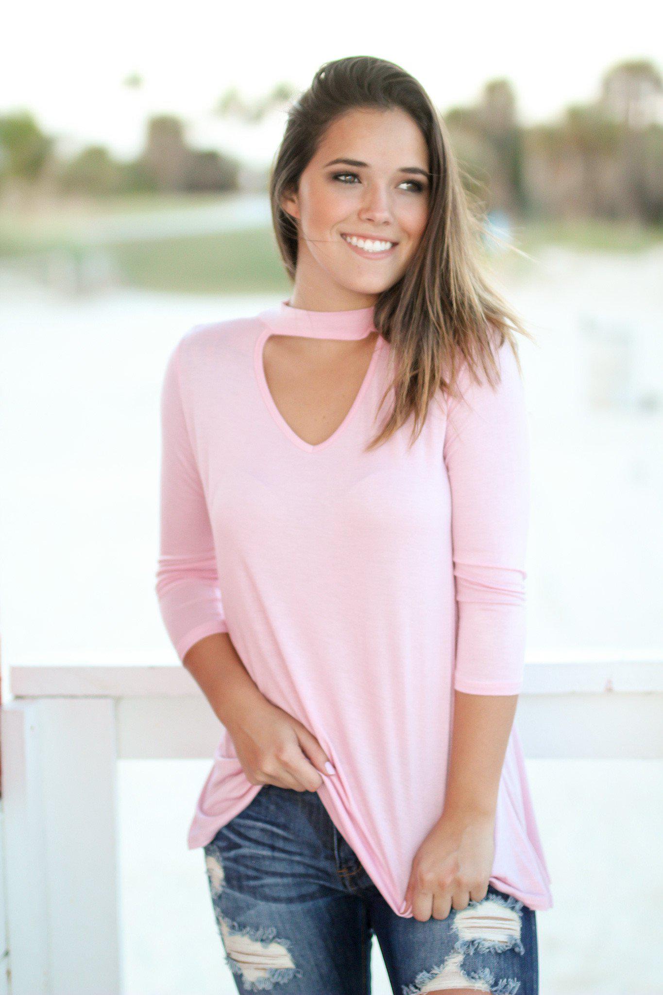 Lightweight Blush Mock Neck 3/4 Sleeve Top for Versatile Wear