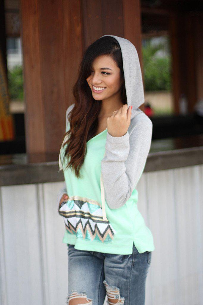 Stylish Mint and Gray Sequined Hooded Sweater for Winter