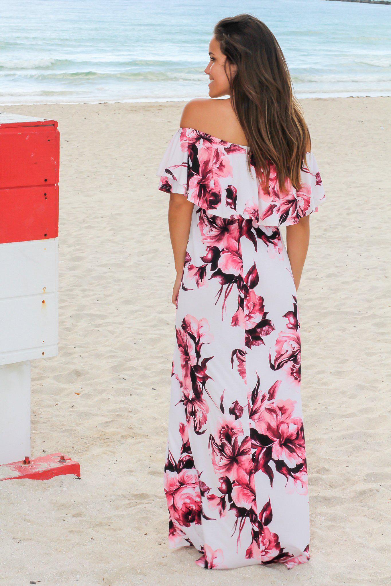 Stunning Ivory and Red Floral Off - Shoulder Long Maxi Dress