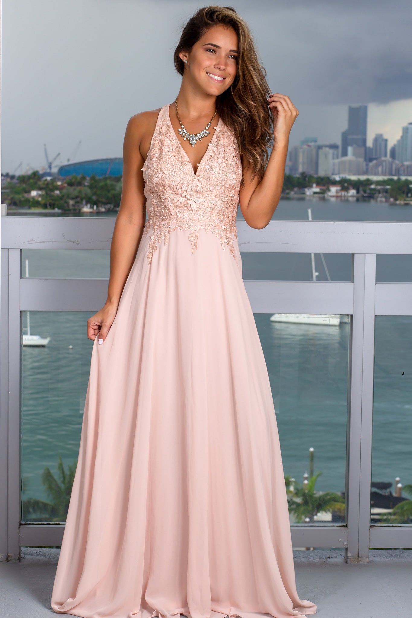 Blush-colored Embroidered Halter Maxi Dress for Bridesmaids with Criss Cross Back Design