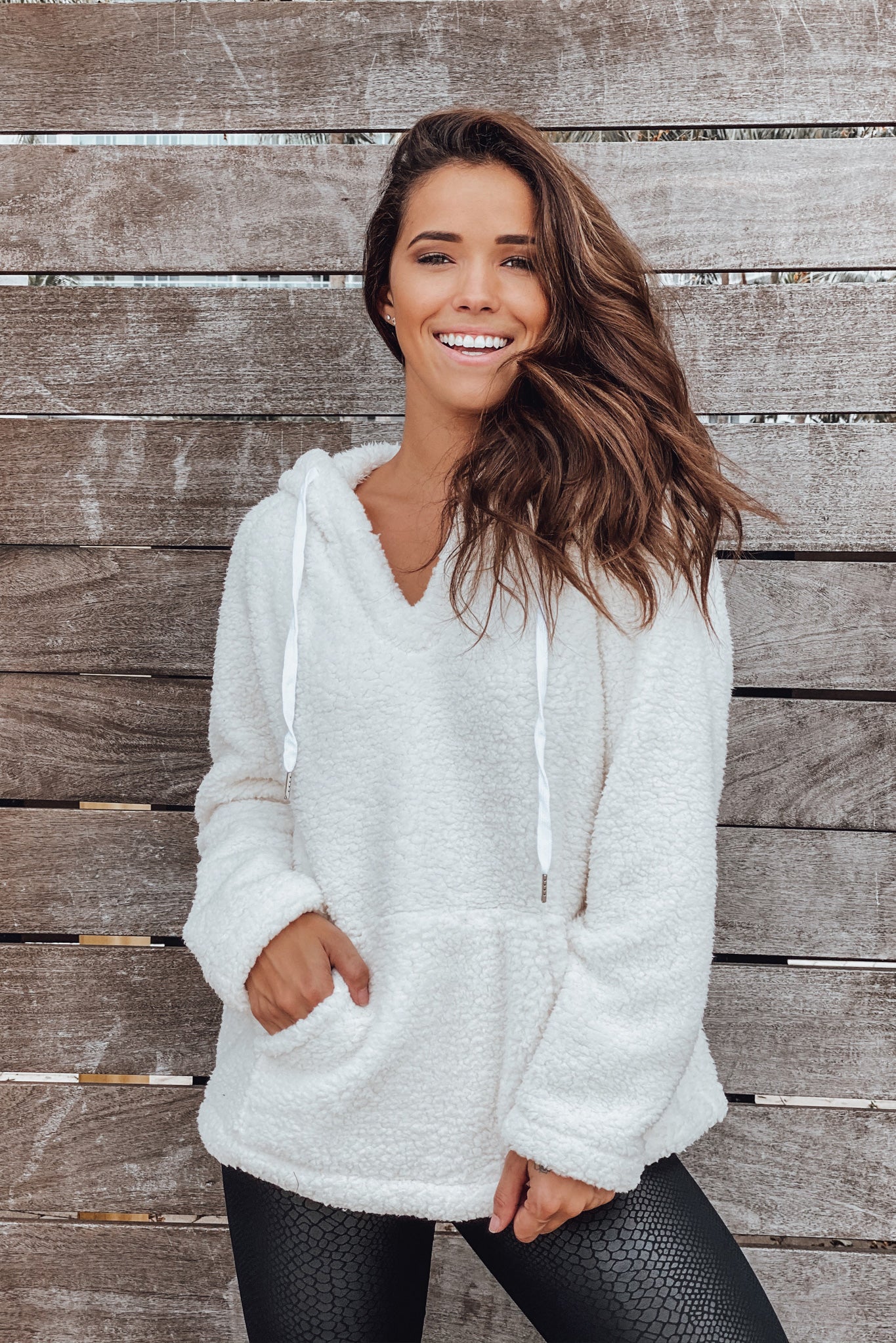 Cream-colored Oversized Fuzzy Hoodie Pullover with Front Pockets