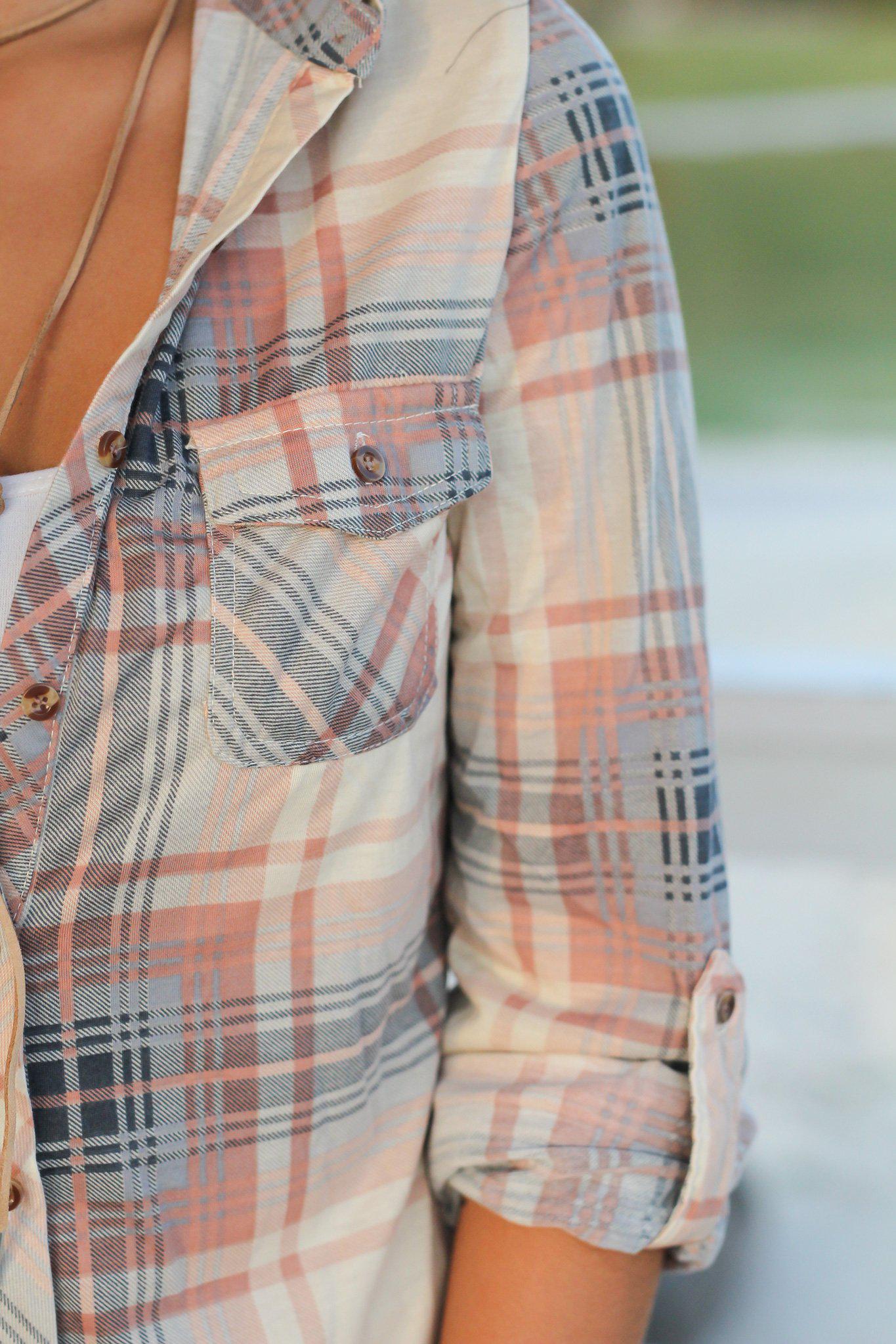 Stylish Blush and Ivory Checkered Long - Sleeve Button - Up Top