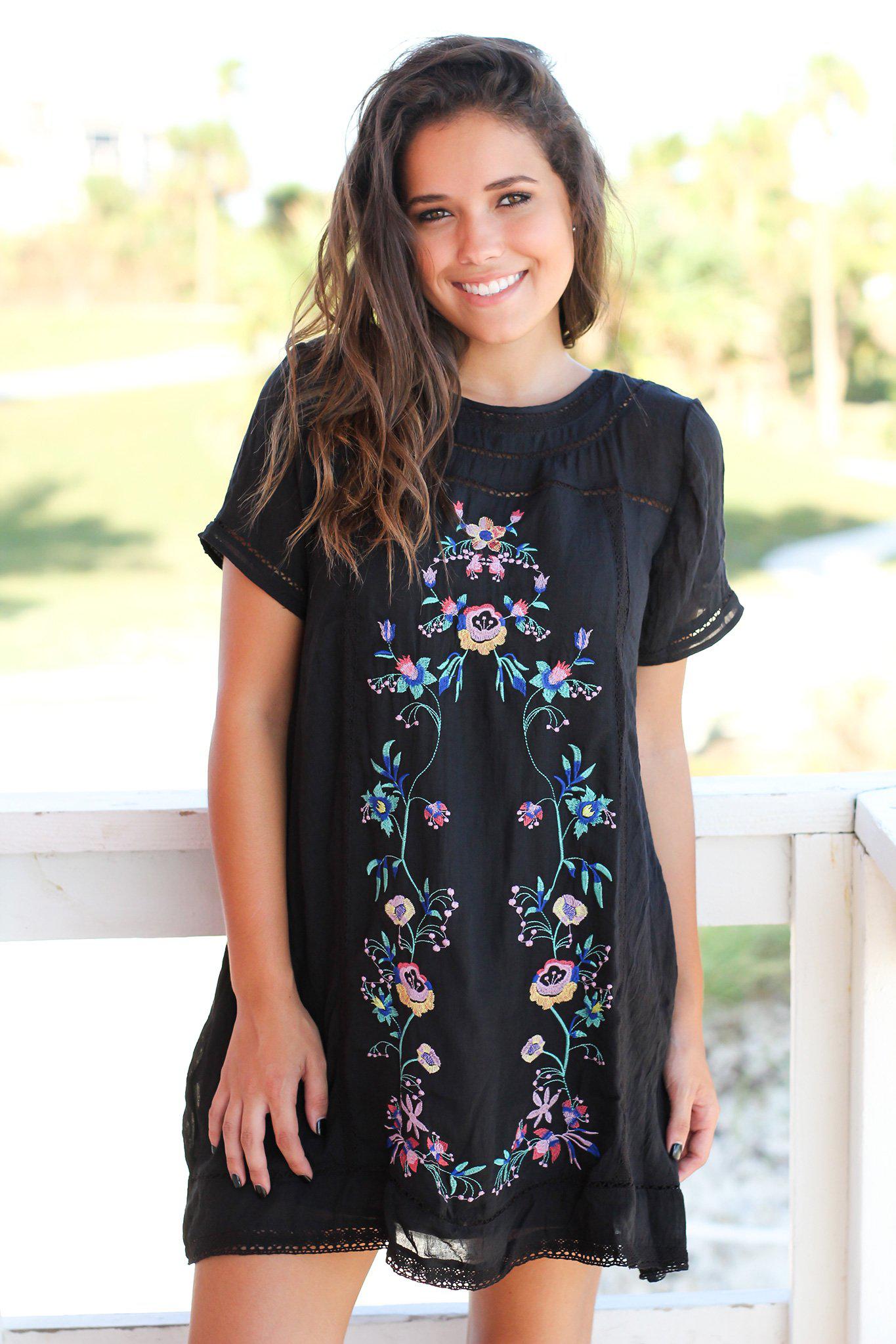 Stylish Women's Black Short Dress Adorned with Floral Embroidery