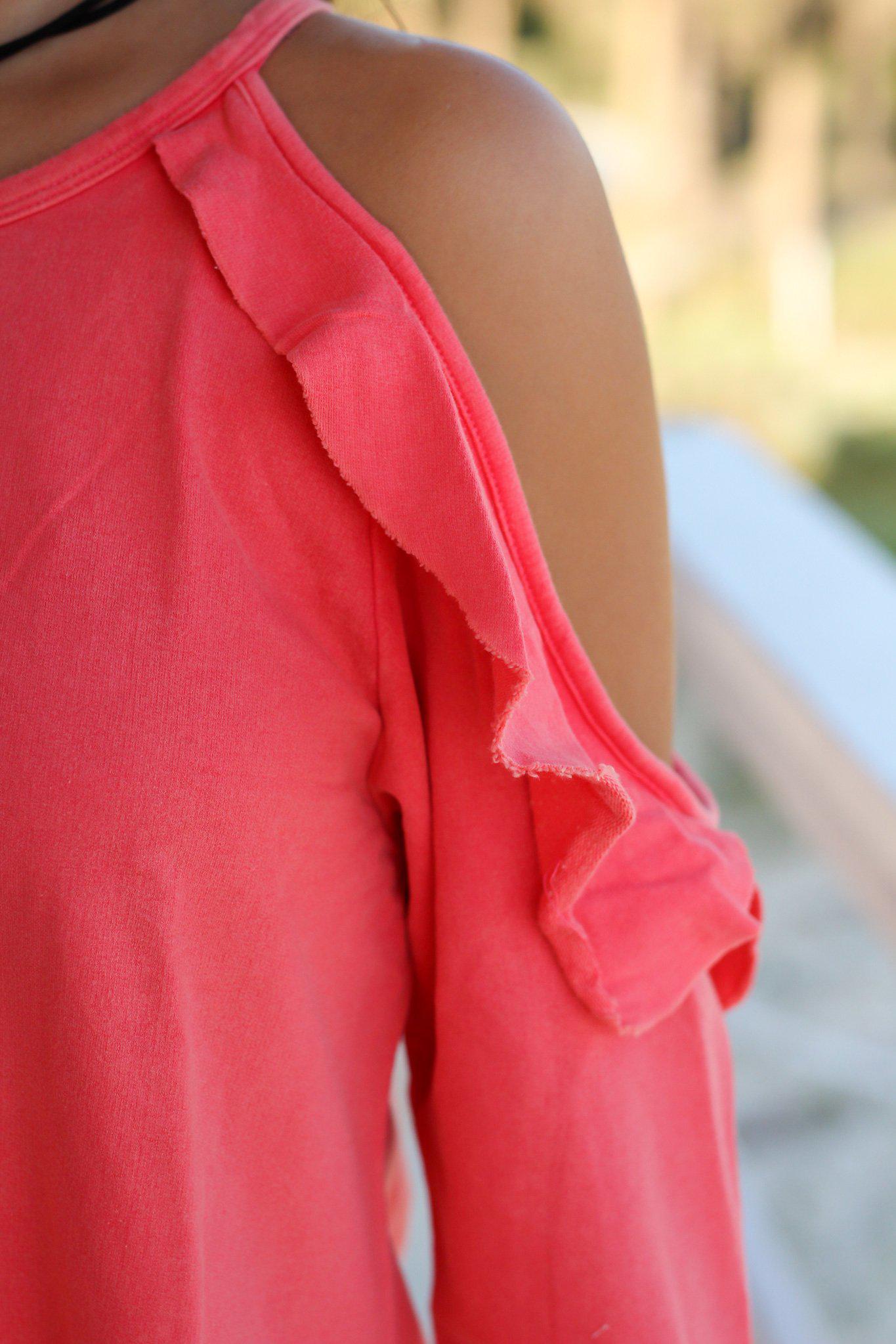 Fashionable Coral Cold Shoulder Women's Top with Ruffled Trim