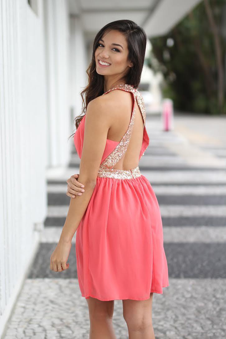 Stunning Coral and Golden Sequin Party Dress for Women