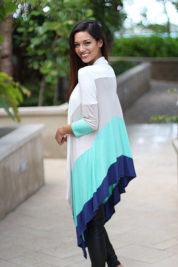 Stylish Mint Colored Blocked Long Women's Cardigan for Daily Wear