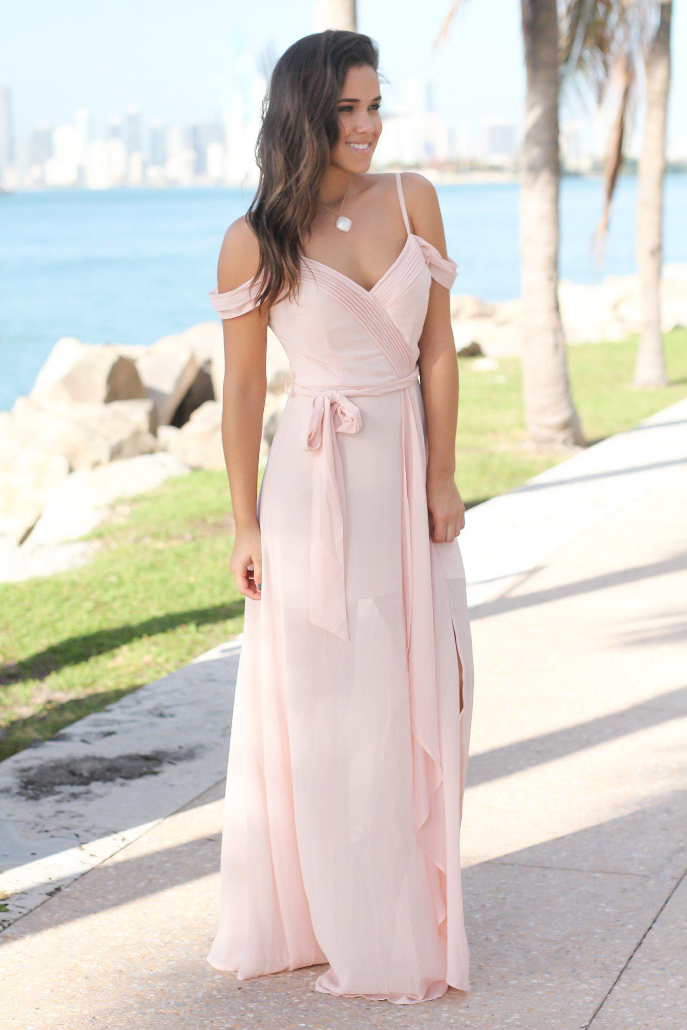 Elegant Blush Pink Off - Shoulder Long Maxi Dress with Side Slit for Bridesmaids